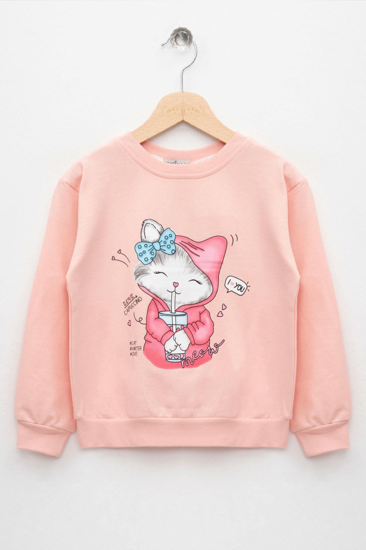Bisiklet Yaka Uzun Kol Kedı Baskılı Acik Somon Renk Kız Çocuk Sweatshirt