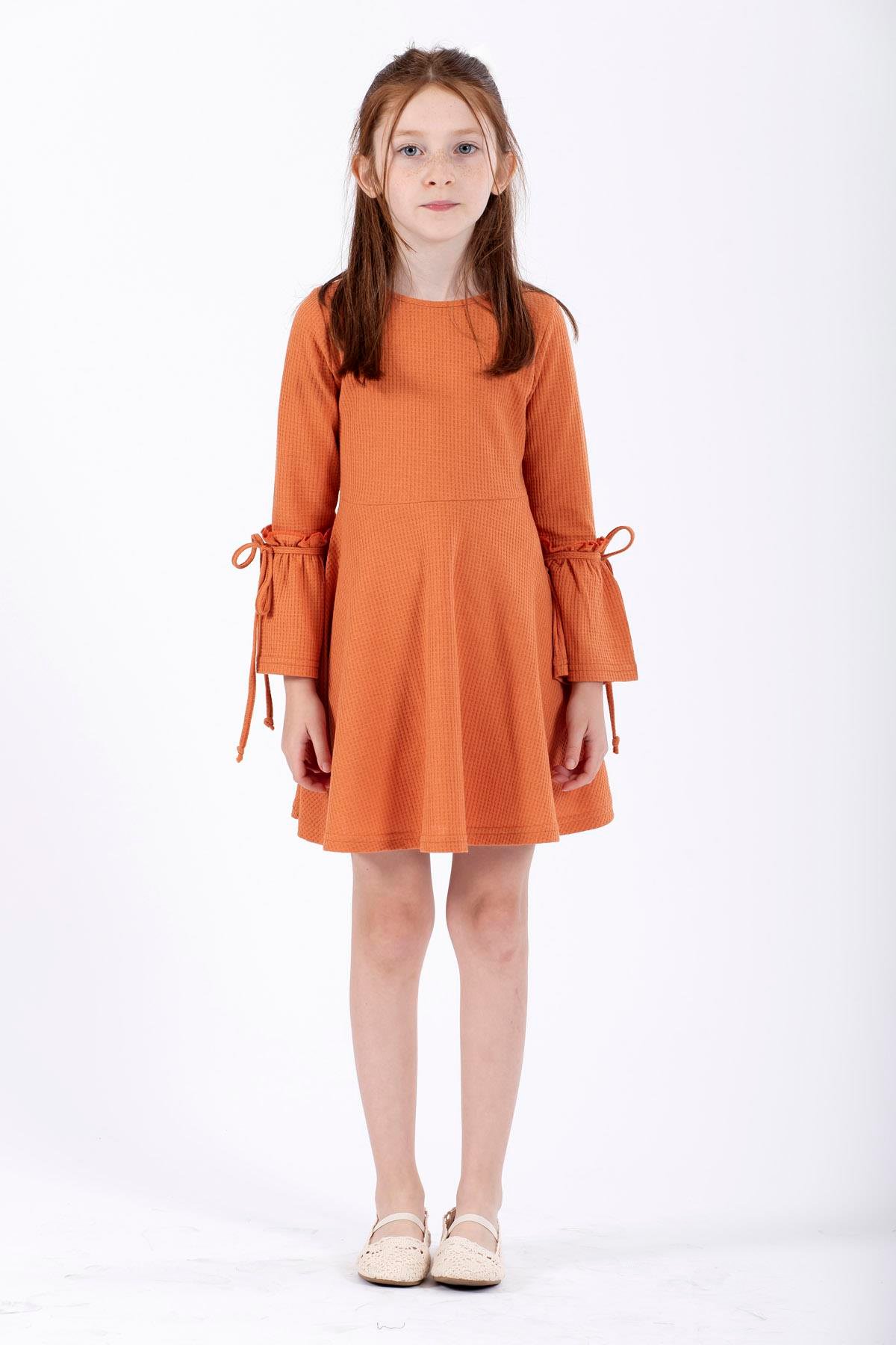 Bisiklet Yaka Uzun Kol Kiremit Renk Kız Çocuk Elbıse