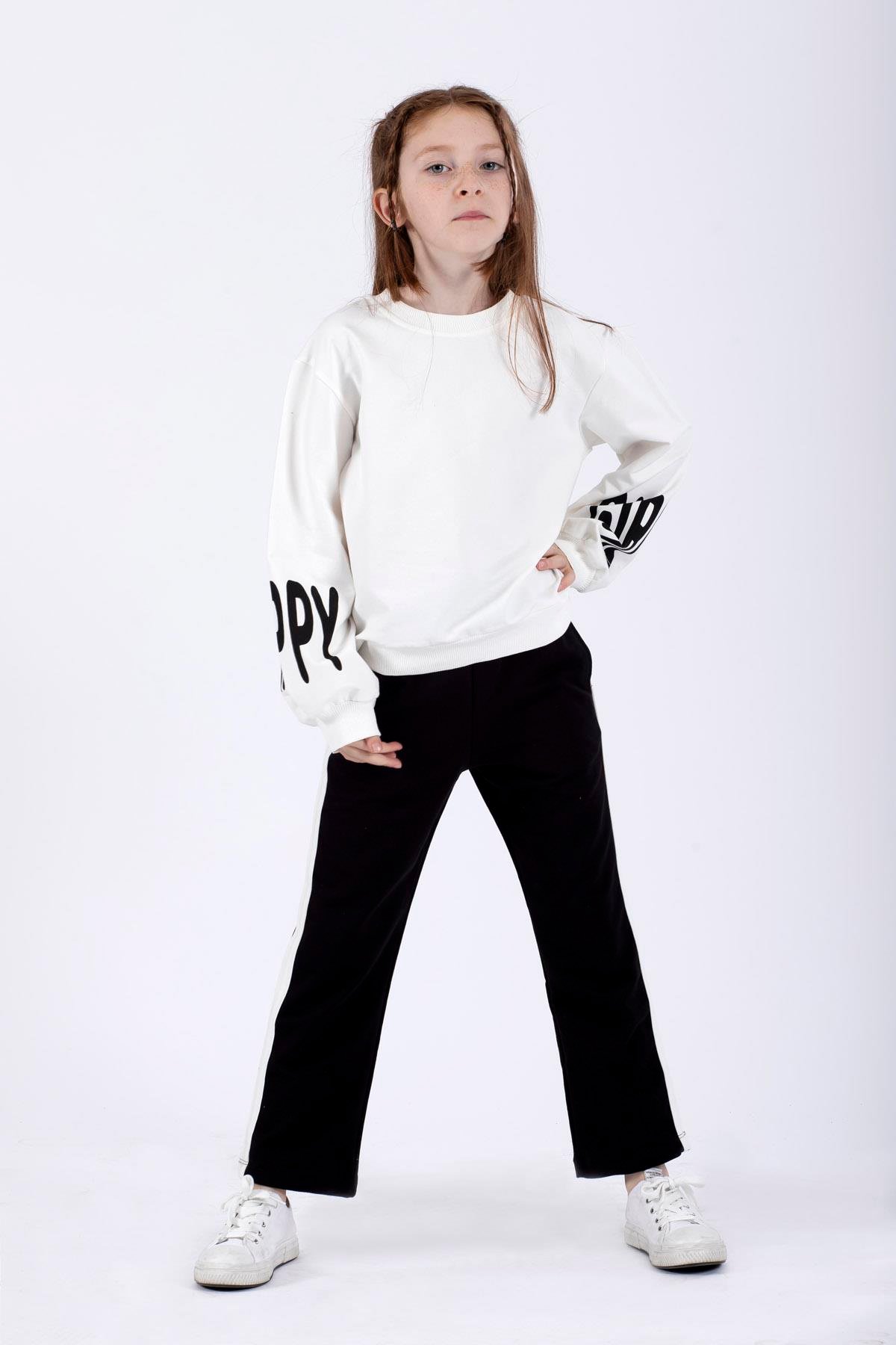 Bisiklet Yaka Uzun Kol Kolları Happy Gırl Baskılı Ekru Renk Kız Çocuk Ikılı Takım