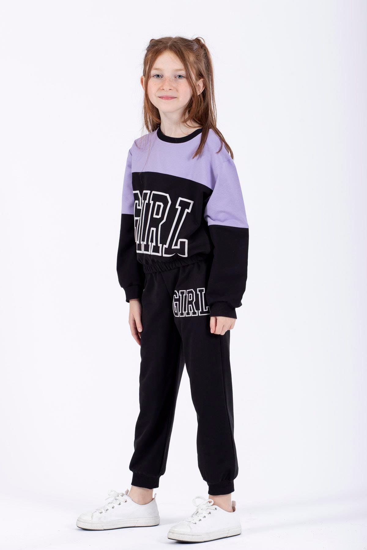 Bisiklet Yaka Uzun Kol Lila Renk Kız Çocuk Esofman Takım