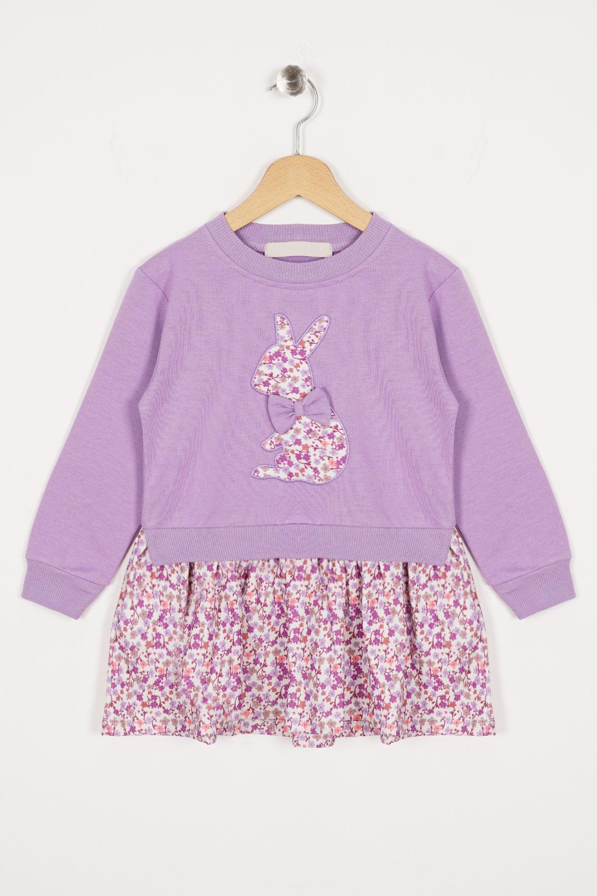 Bisiklet Yaka Uzun Kol Tavsan Baskılı Lila Renk Kız Çocuk Etekli Takım