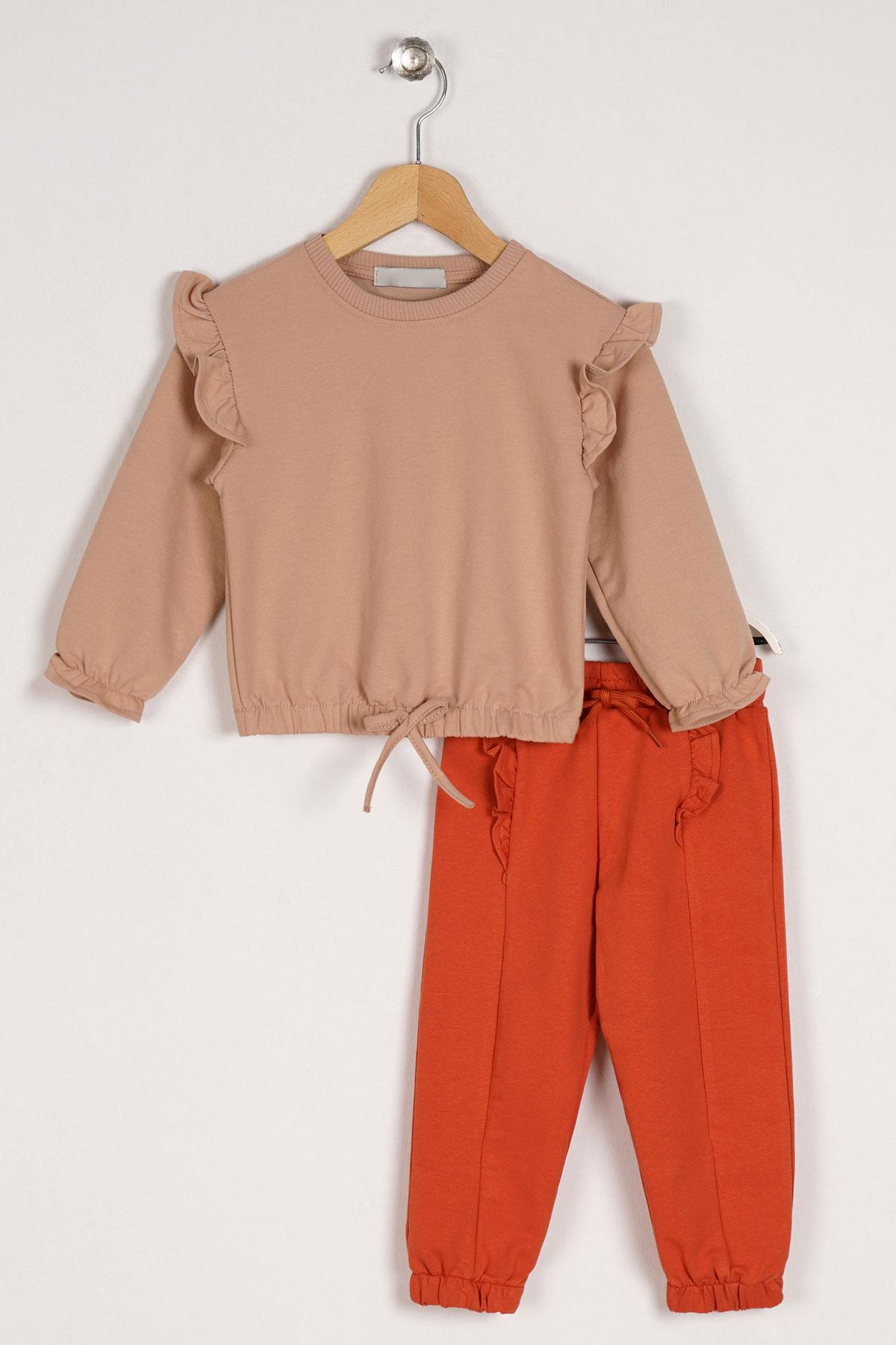 Bisiklet Yaka Uzun Kol Uzun Kollu Pantolonu Dıkıs Detaylı Bej Renk Kız Çocuk Esofman Takım
