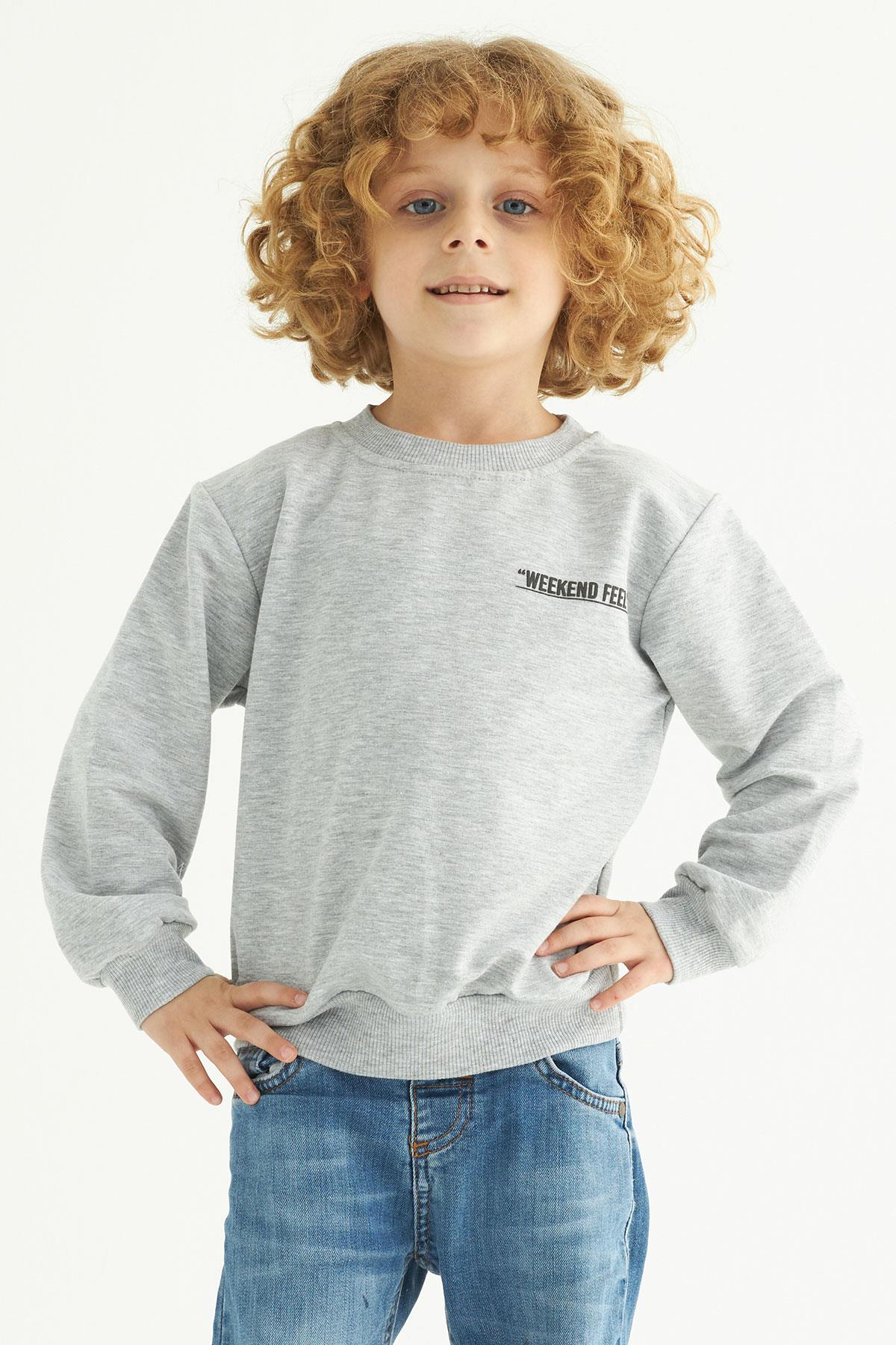 Bisiklet Yaka Uzun Kol Weekend Feel Baskılı Gri Renk Erkek Çocuk Sweatshirt