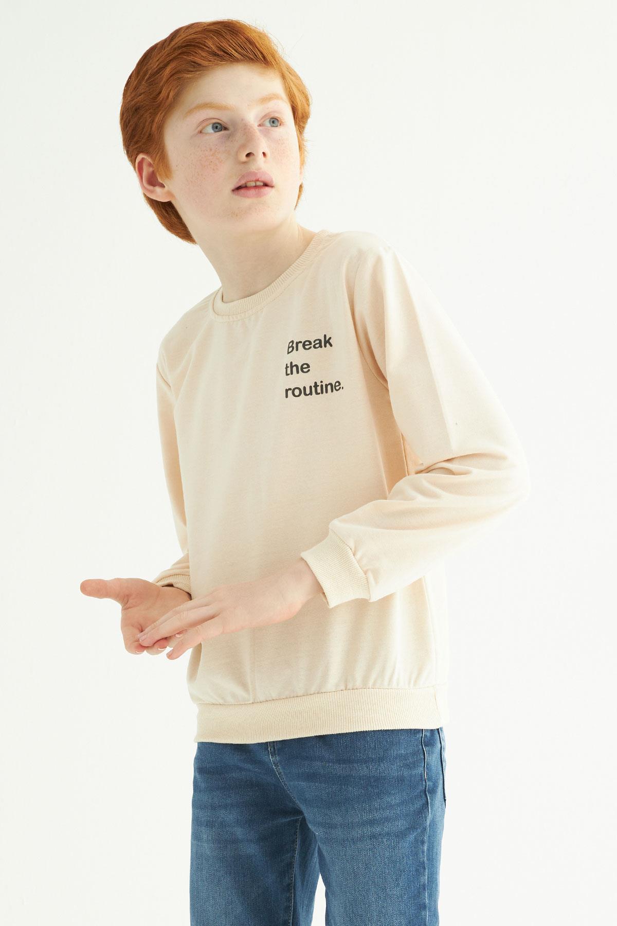 Bisiklet Yaka Uzun Kol Yazı Baskılı Bej Renk Erkek Çocuk Sweatshirt