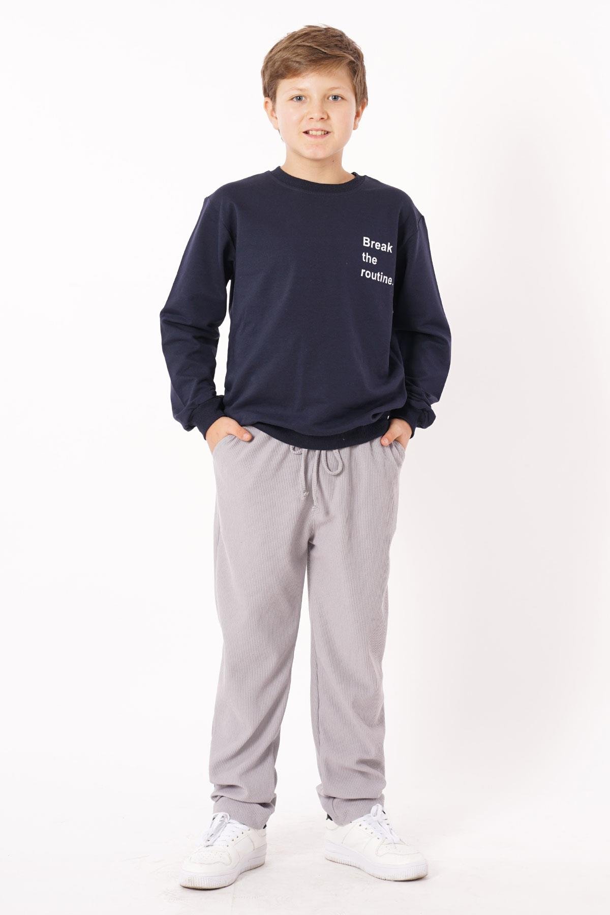 Bisiklet Yaka Uzun Kol Yazı Baskılı Lacivert Renk Erkek Çocuk Sweatshirt