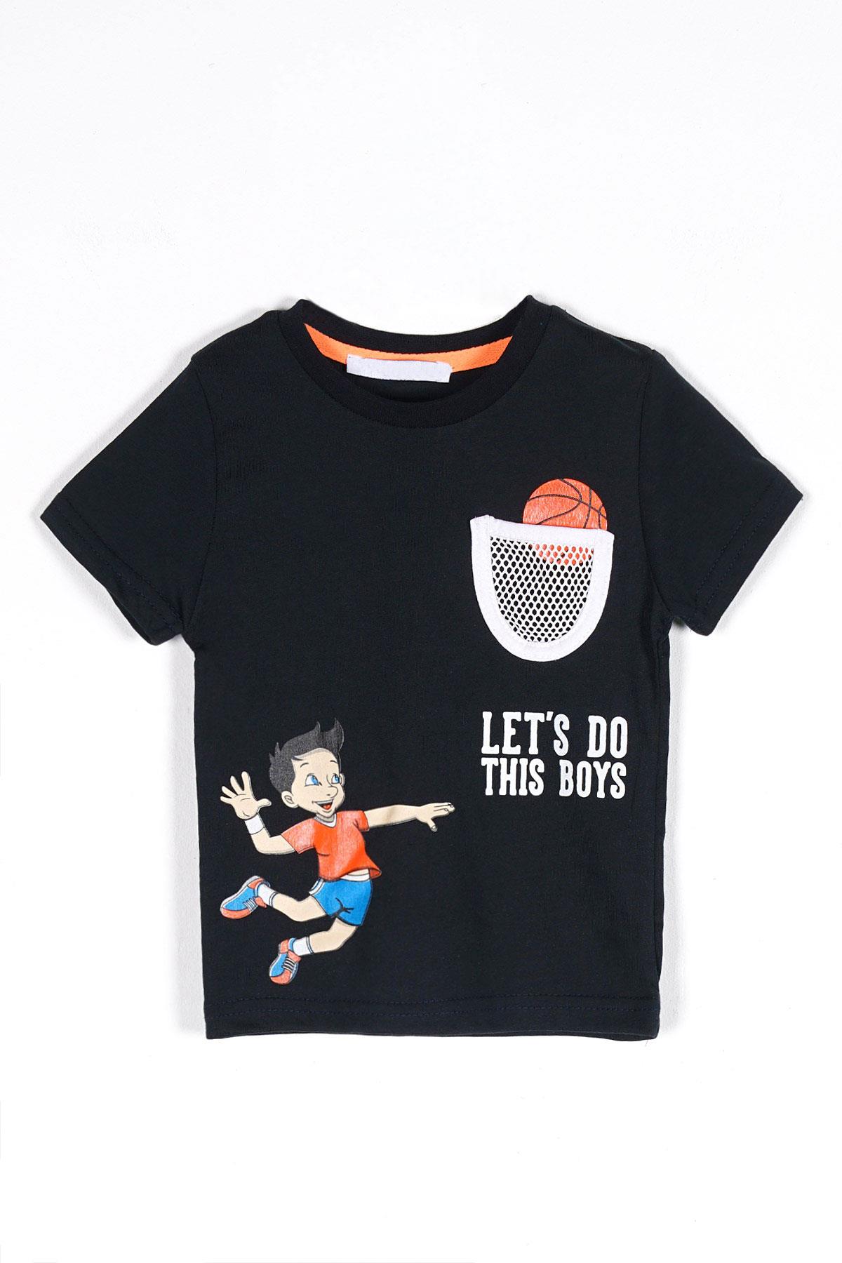 Bisiklet Yaka Kısa Kol Lets Do This Baskı Fileli Cepli Lacivert Renk Erkek Çocuk Tshirt