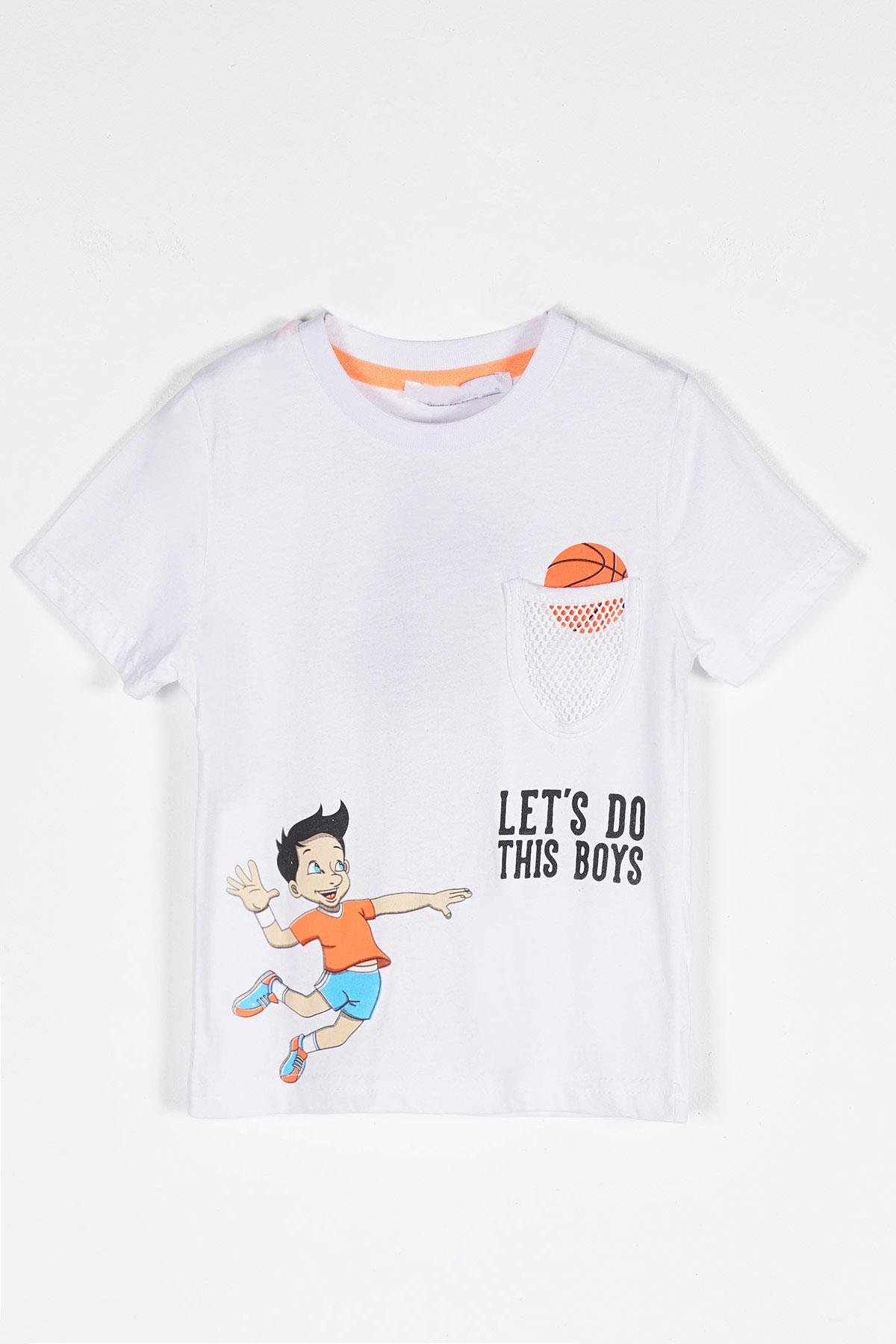 Bisiklet Yaka Kısa Kol Lets Do This Baskı Fileli Cepli Beyaz Renk Erkek Çocuk Tshirt