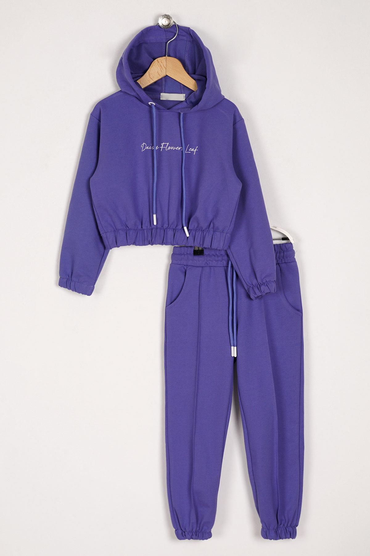 Kapüşonlu Uzun Kol Daısy Flowrs Leaf Baskılı Mor Renk Kız Çocuk Ikılı Takım
