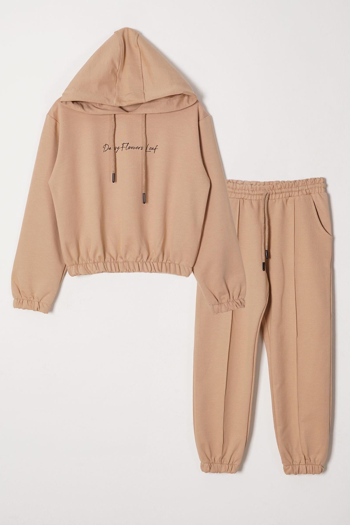 Kapüşonlu Uzun Kol Daısy Flowrs Leaf Baskılı Bej Renk Kız Çocuk Ikılı Takım