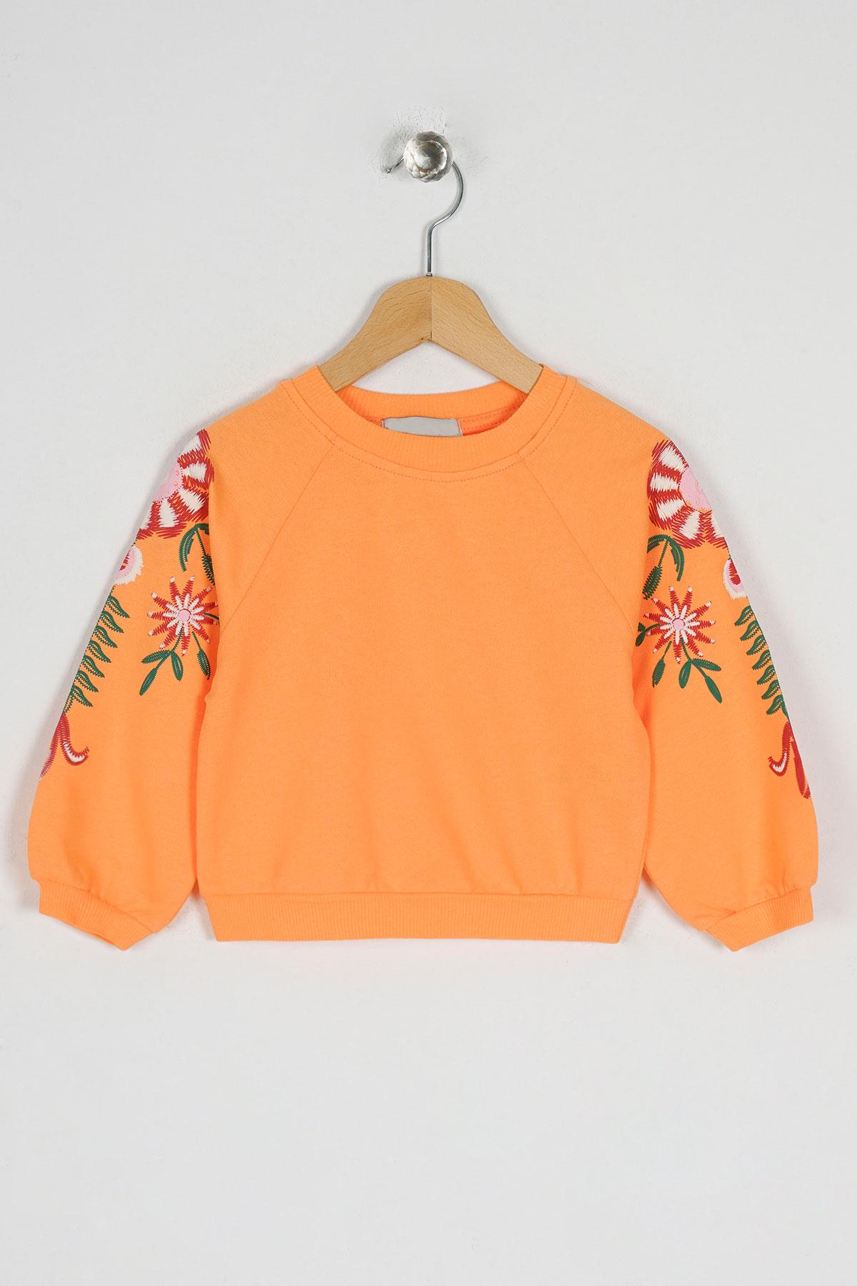 Kız Çocuk Kolları Çiçek Baskılı Sweatshirt 623183