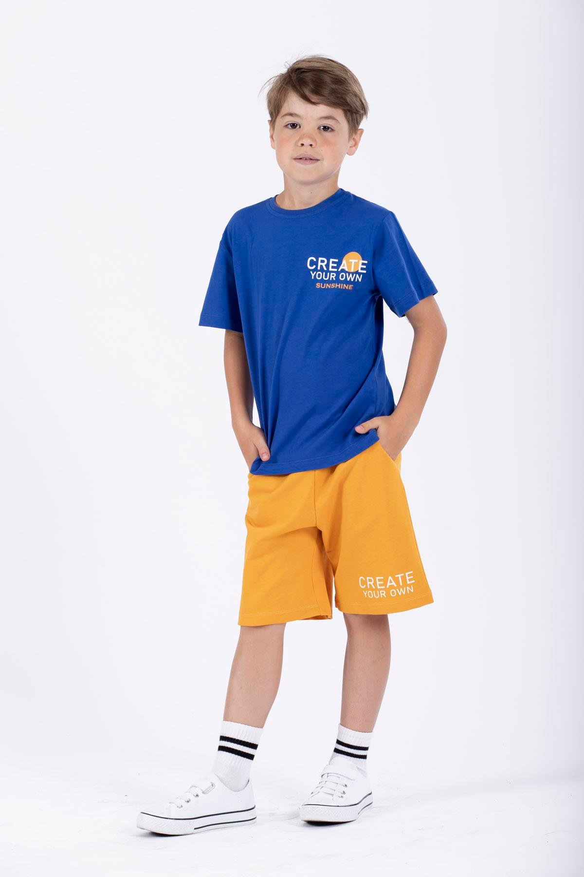 Yazı Baskılı Saks Renk Erkek Çocuk Kaprili Takım