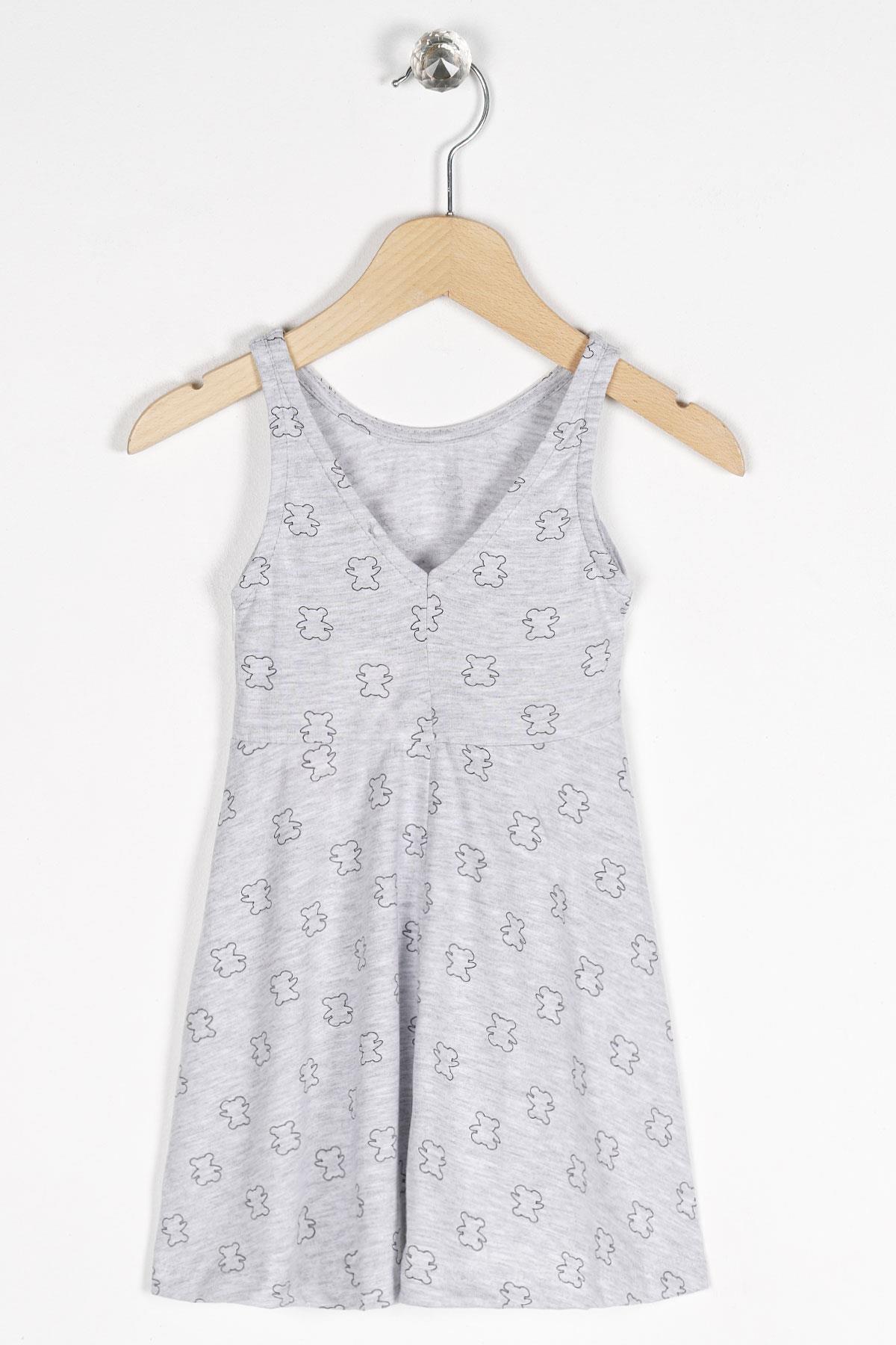 Yuvarlak Yaka Sıfır Kol Ayicik Metraj - Grimelanj Renk Kız Çocuk Elbıse