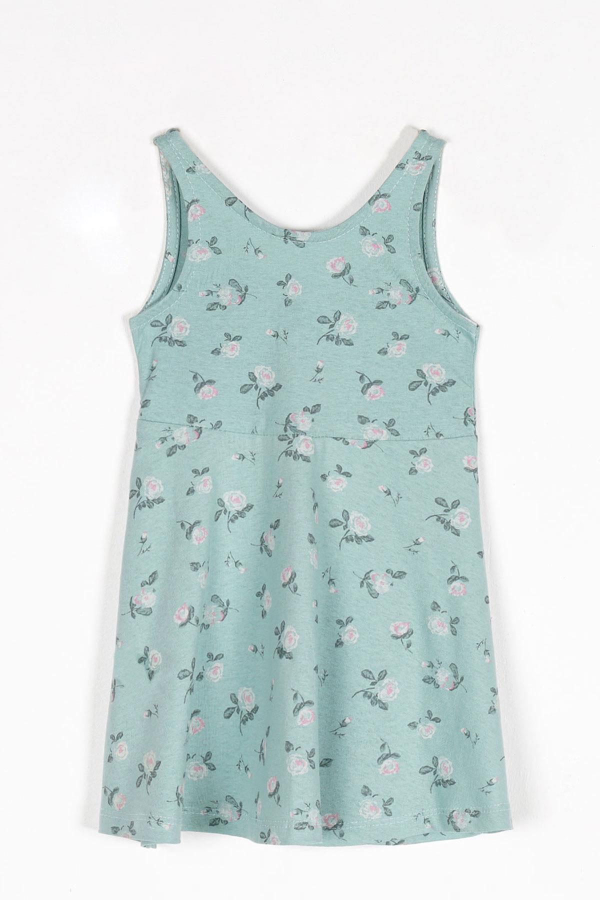 Yuvarlak Yaka Sıfır Kol Gül Metraj - Su Yeşili Renk Kız Çocuk Elbıse