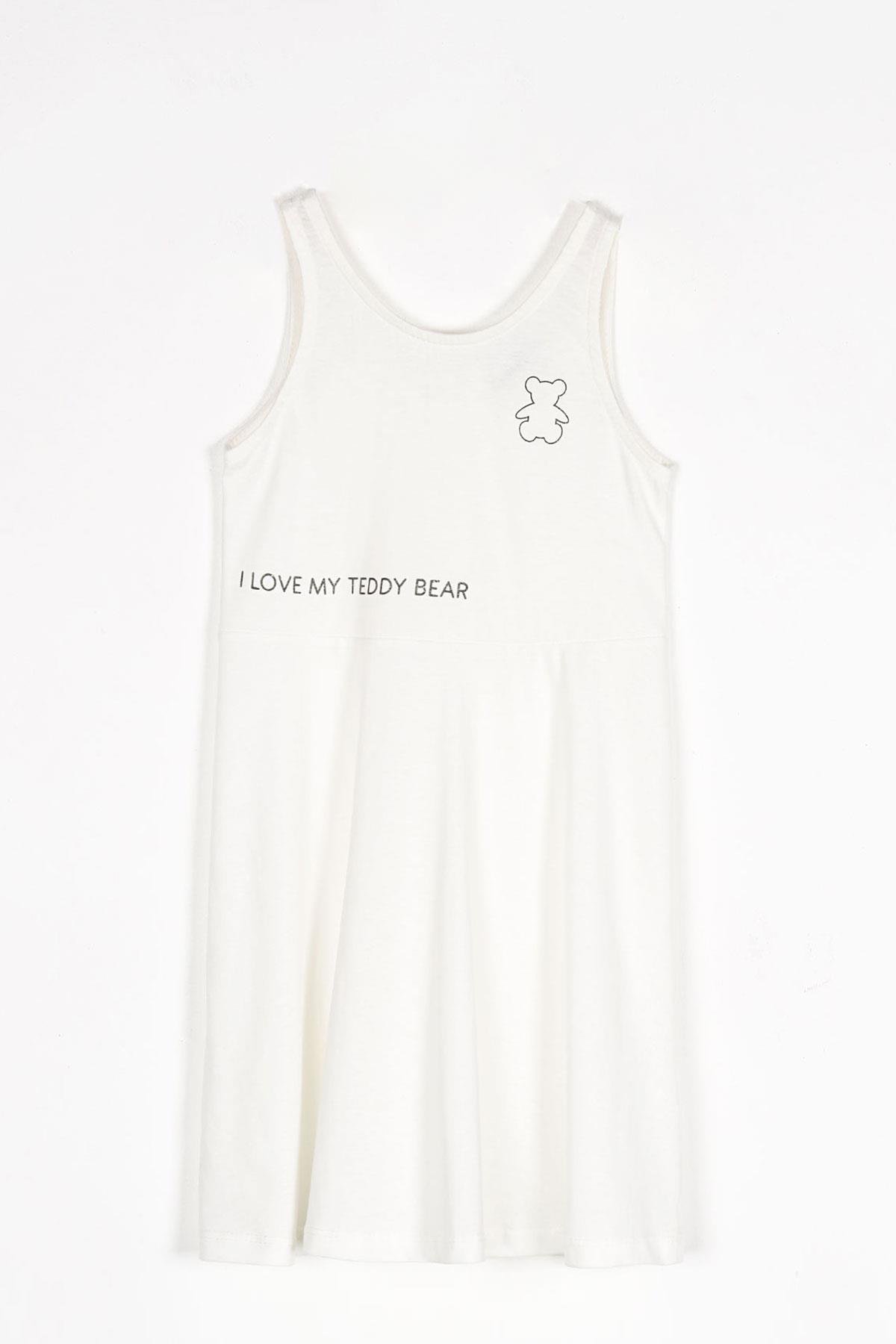 Yuvarlak Yaka Sıfır Kol Tedy Baskılı - Beyaz Renk Kız Çocuk Elbıse