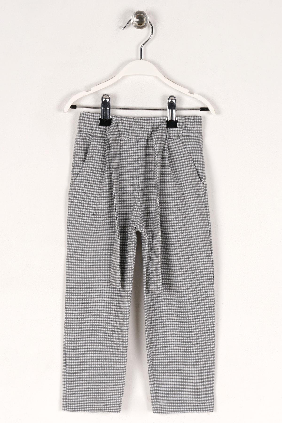 Ekose Desenli Beli Kuşaklı Gri Renk Kız Çocuk Pantolon