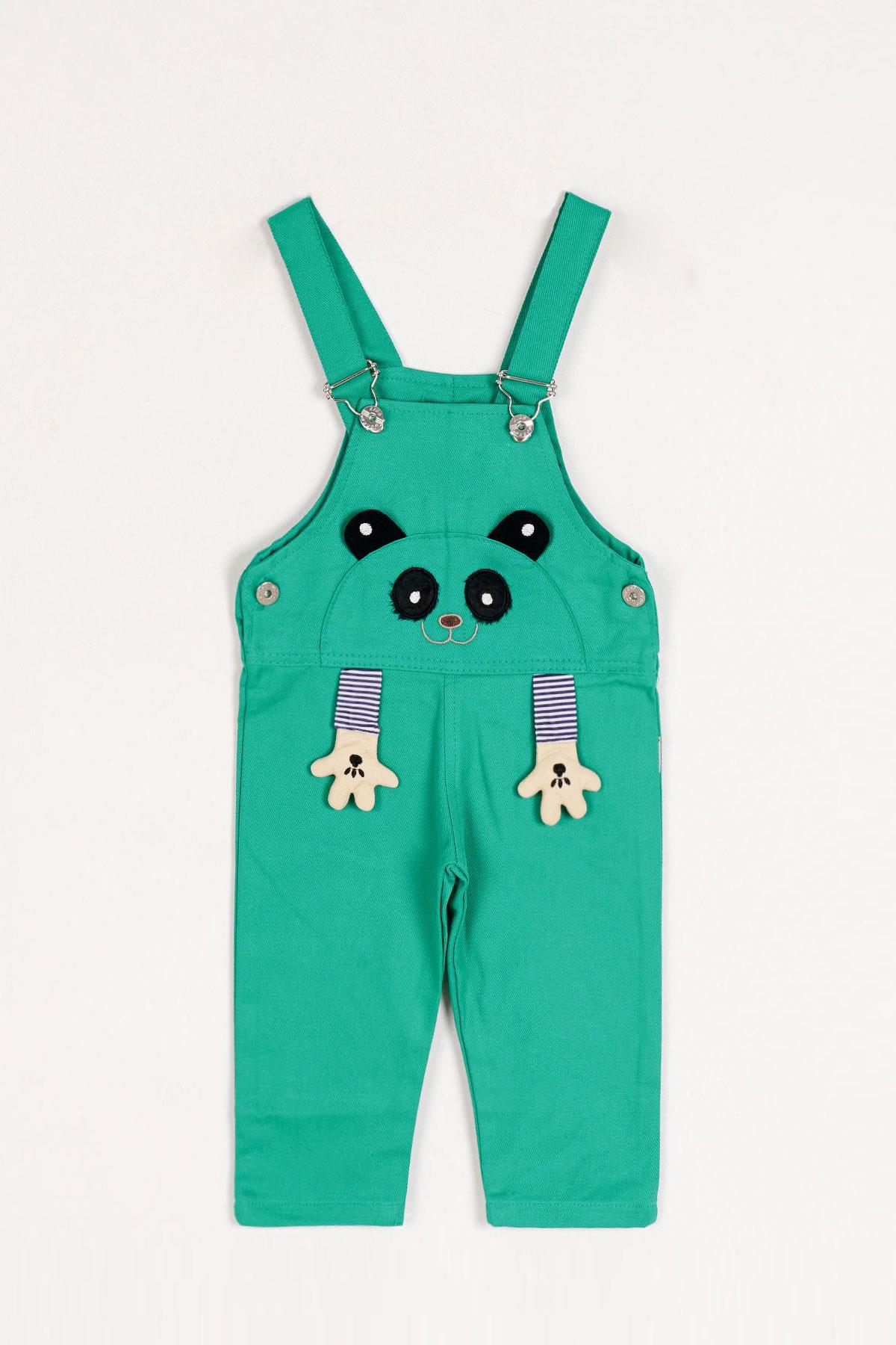 Kare Yaka Sıfır Kol Kopek Baskılı Patı Detaylı Dugmelı Koyu Yeşil Renk Erkek Çocuk Salopet