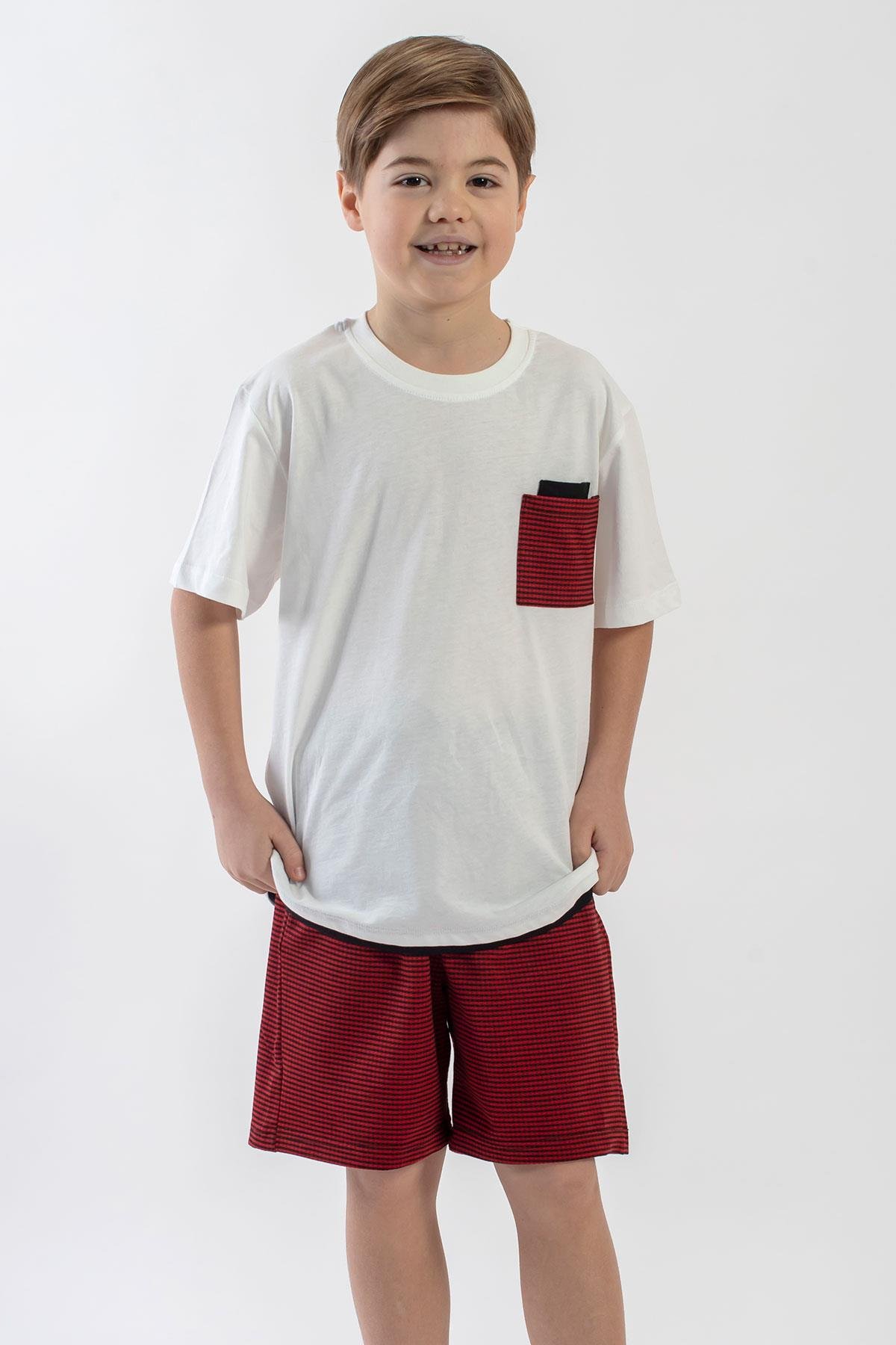 Bisiklet Yaka Kısa Kol Ekru Kırmızı Renk Erkek Cocuk Sortlu Takım