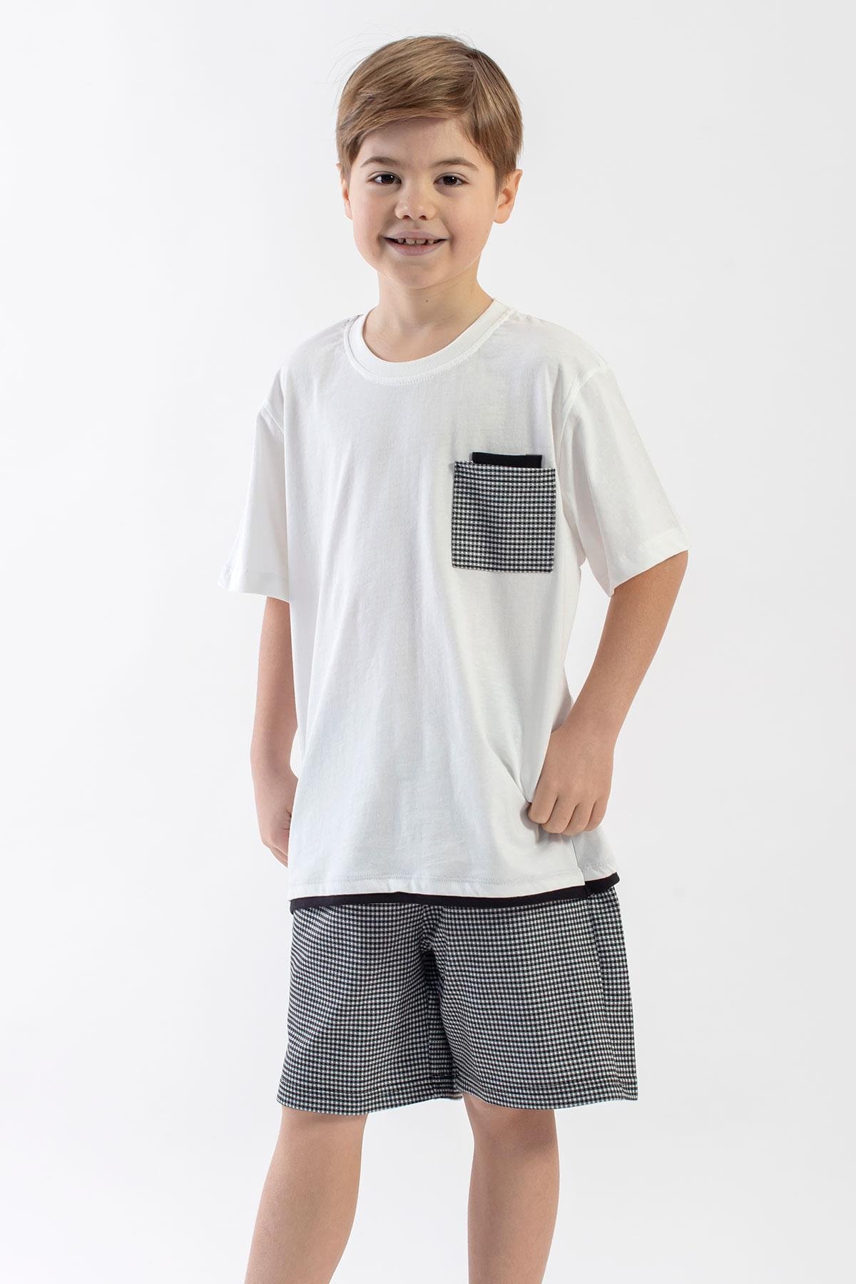 Bisiklet Yaka Kısa Kol Ekru Sıyah Renk Erkek Cocuk Sortlu Takım