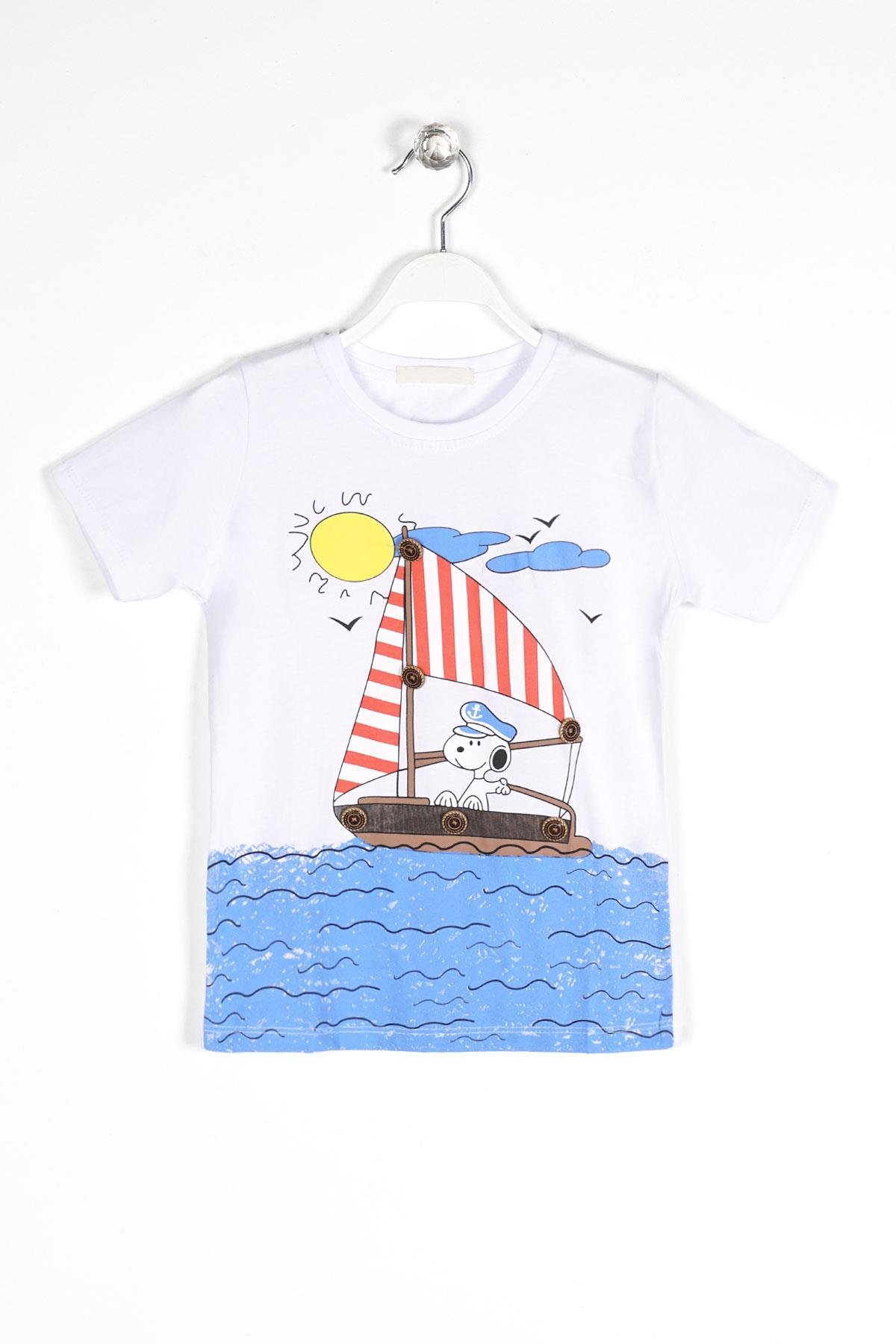 Bisiklet Yaka Kısa Kol Gemi Basılı Düğme Aksesuarlı Beyaz Renk Erkek Çocuk Tshirt