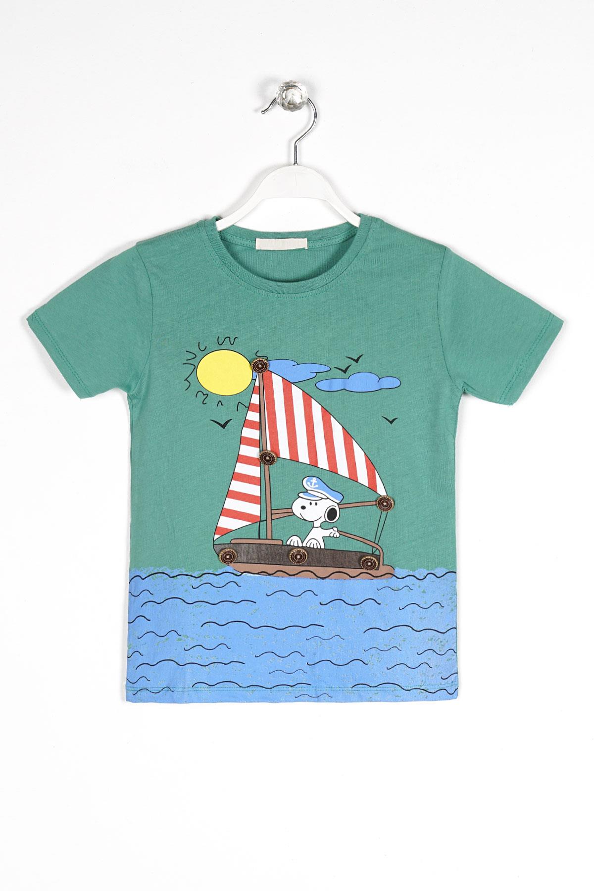 Bisiklet Yaka Kısa Kol Gemi Basılı Düğme Aksesuarlı Cagla Yesil Renk Erkek Çocuk Tshirt