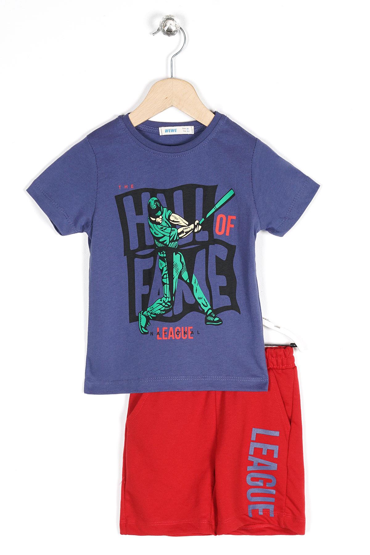 Bisiklet Yaka Kısa Kol League Baskılı Indigo Renk Erkek Çocuk Kaprılı Takım