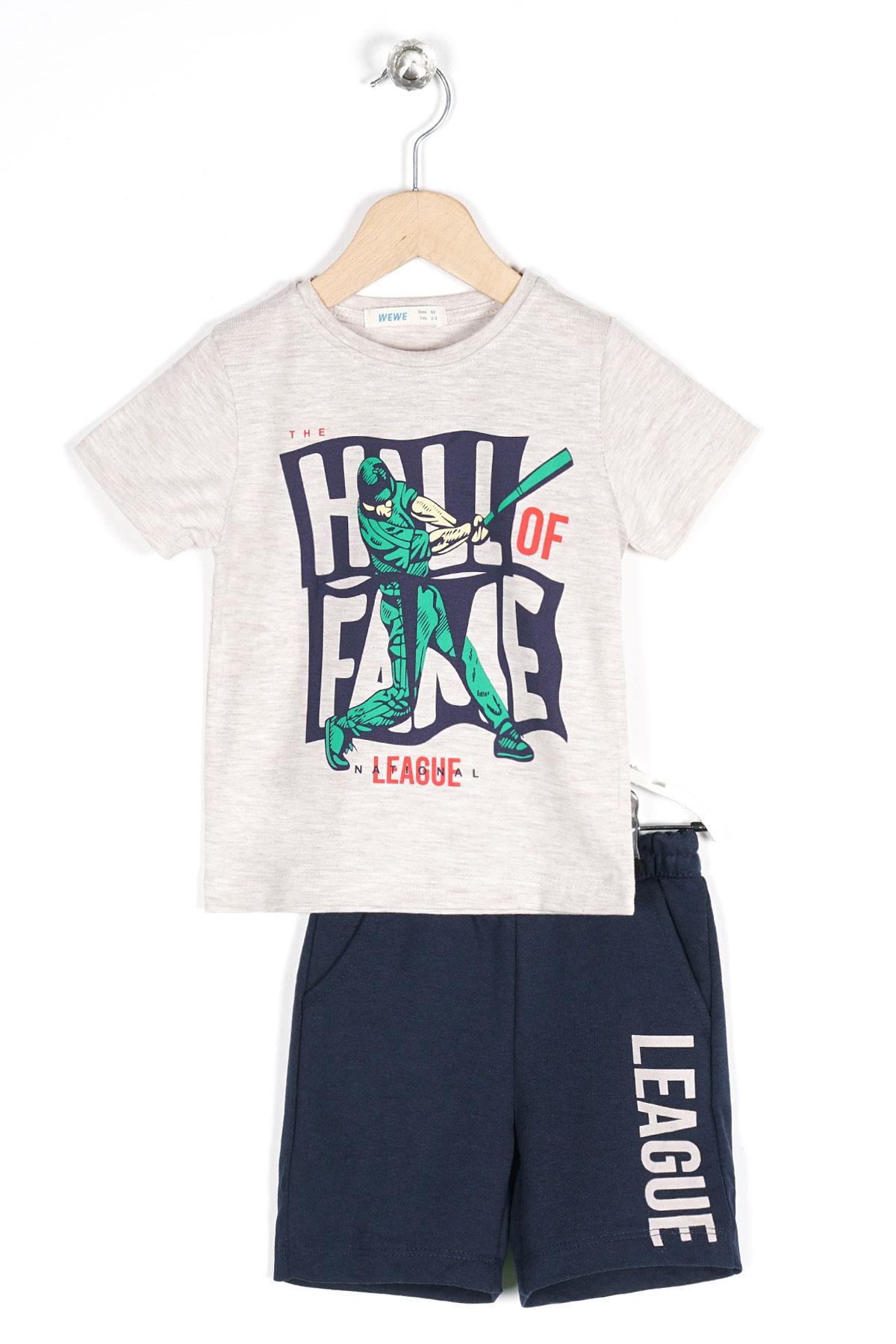 Bisiklet Yaka Kısa Kol League Baskılı Bej Melanj Renk Erkek Çocuk Kaprılı Takım