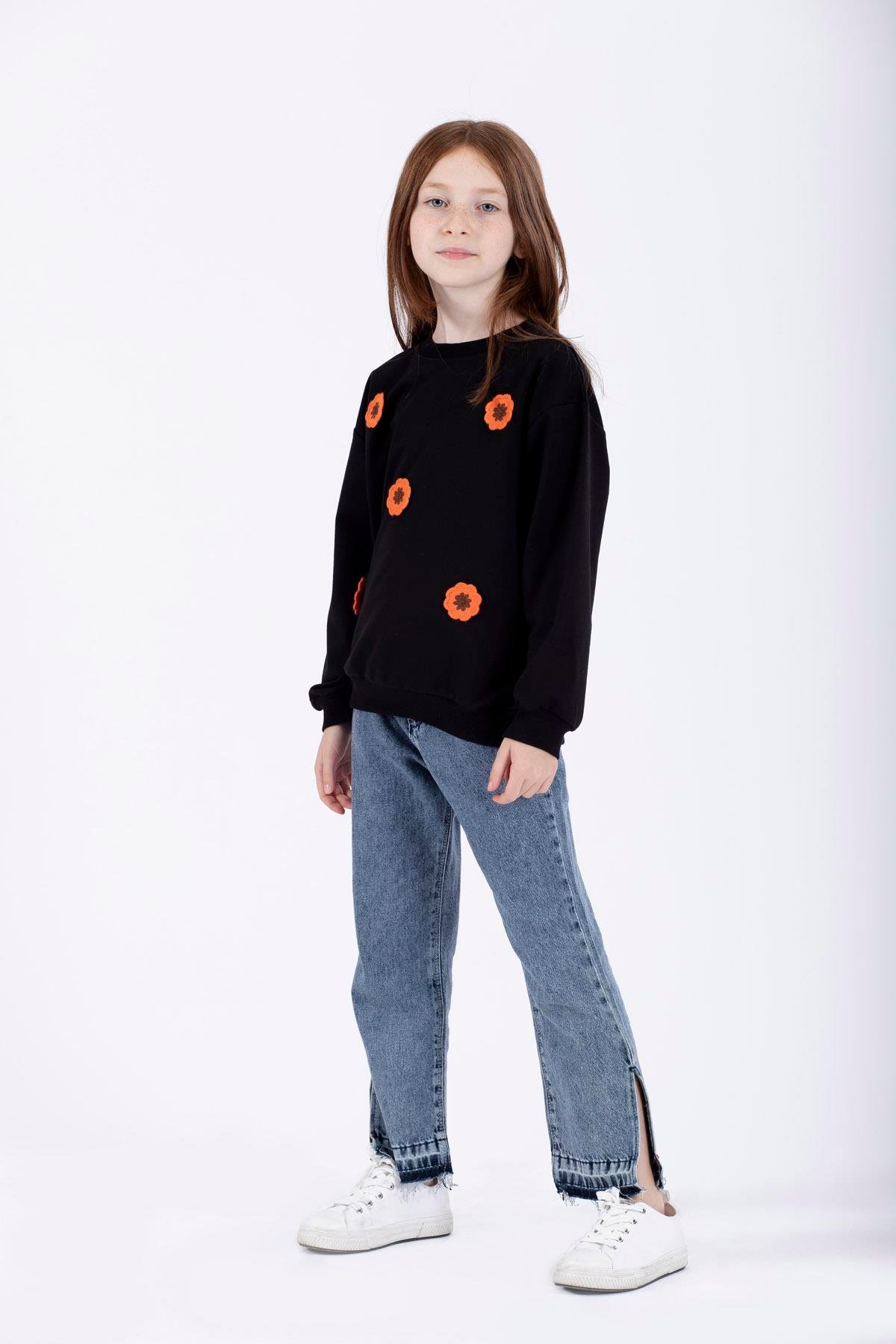 Bisiklet Yaka Uzun Kol Siyah Renk Kız Çocuk Sweatshirt