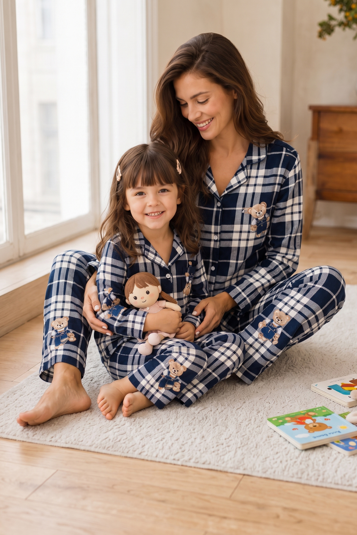 Anne Kız Pijama Takımı Lacivert Ayıcık Desenli Uzun Kollu Rahat Ev Giyim Takımı