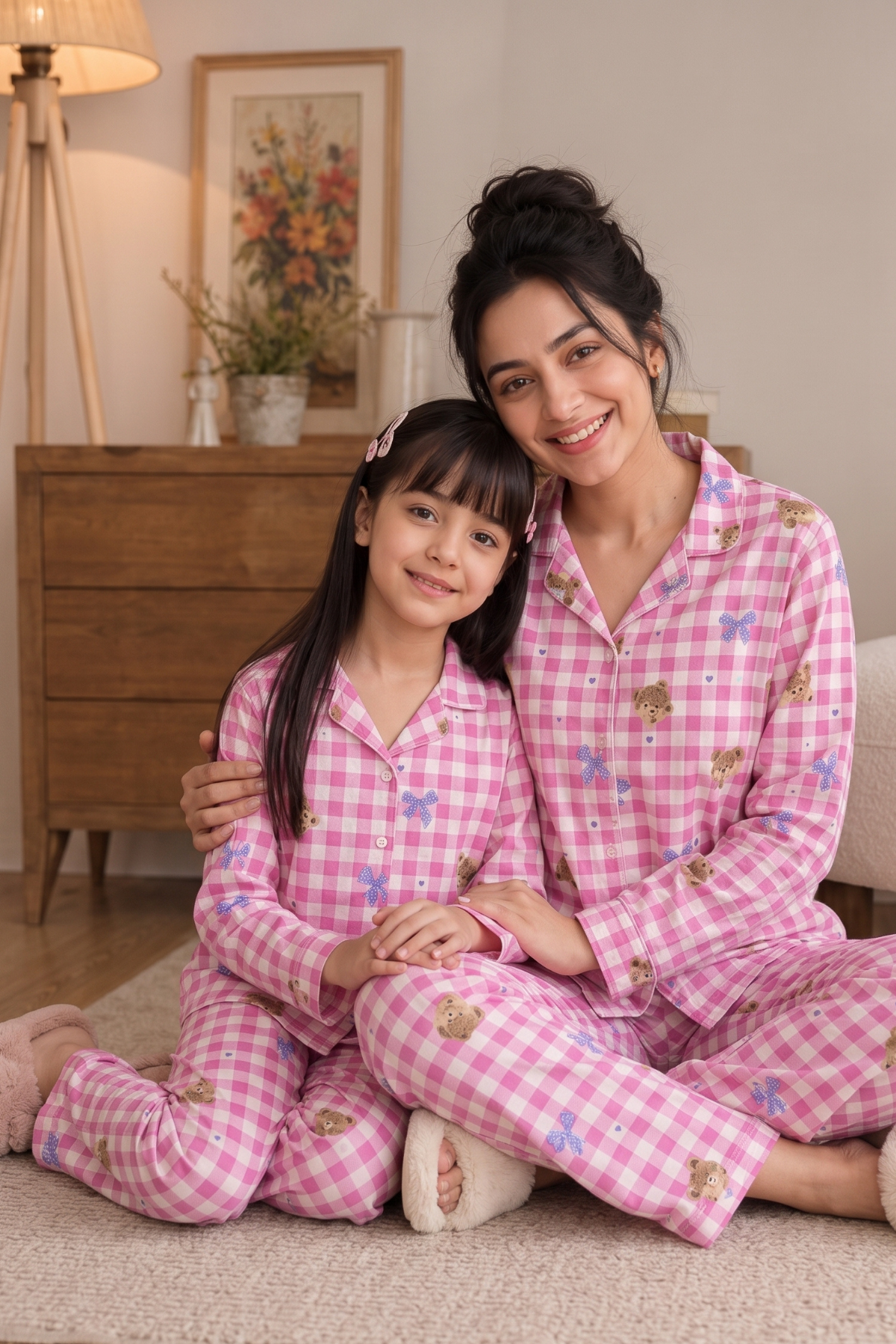 Anne Kız Pijama Takımı Pembe Ayıcık Desenli Uzun Kollu Rahat Ev Giyim Takımı