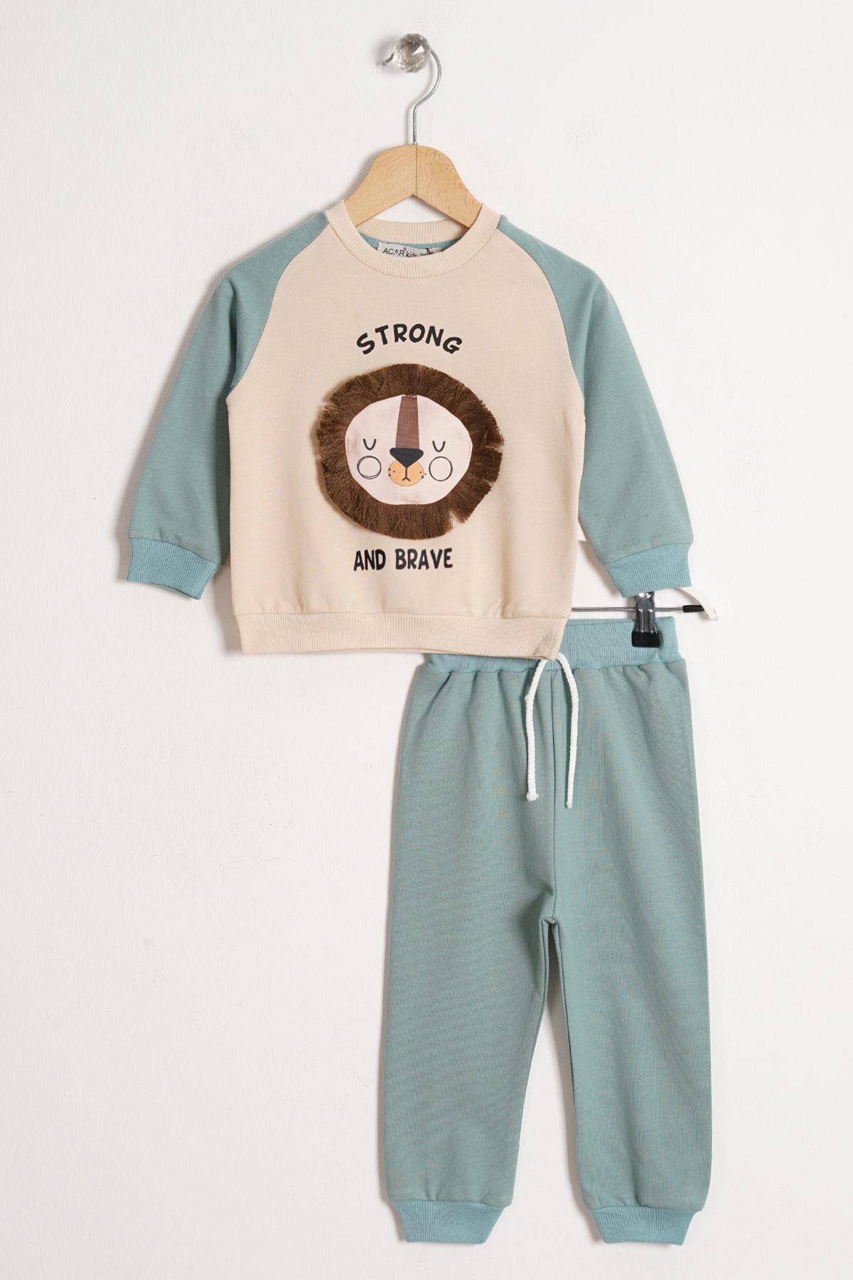 Aslan Figürlü Yazı Baskılı Mint Renk Erkek Çocuk İkili Takım