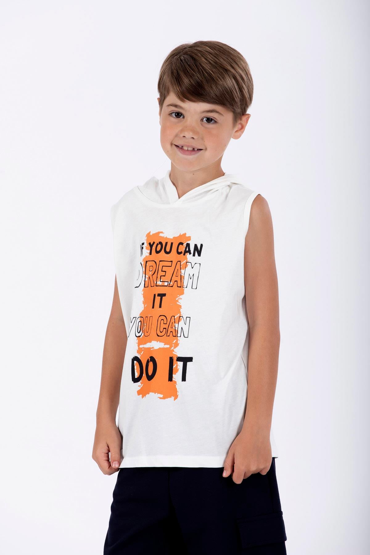 Baskılı Kapüşonlu Sıfır Kol Ekru Renk Erkek Çocuk Tshirt