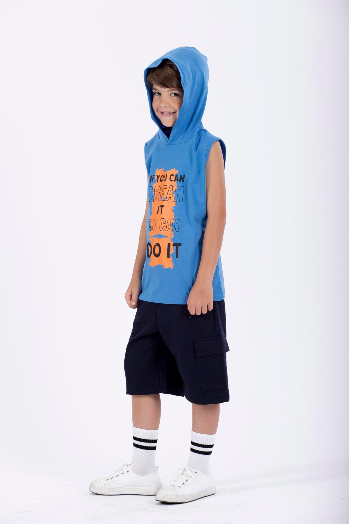 Baskılı Kapüşonlu Sıfır Kol Mavi Renk Erkek Çocuk Tshirt