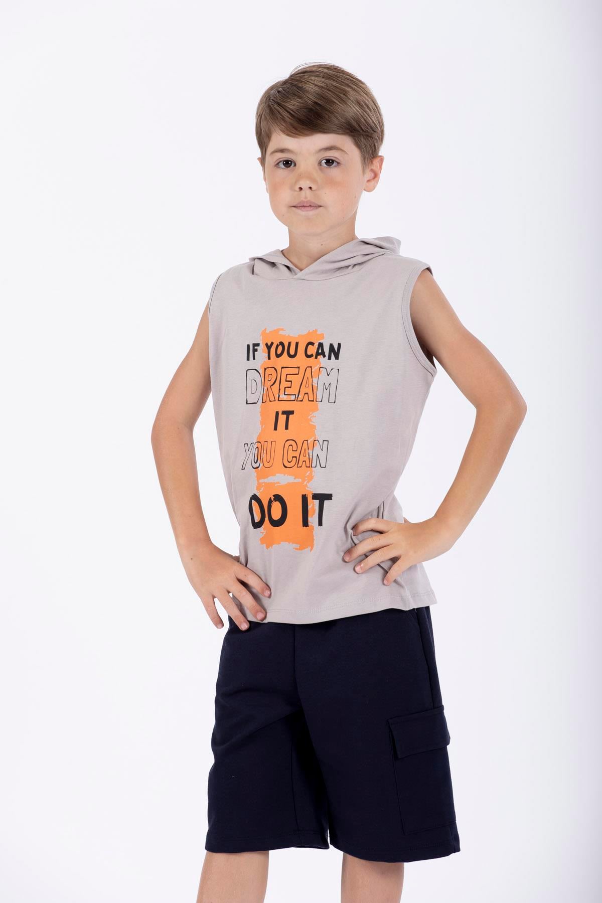 Baskılı Kapüşonlu Sıfır Kol Taş Renk Erkek Çocuk Tshirt