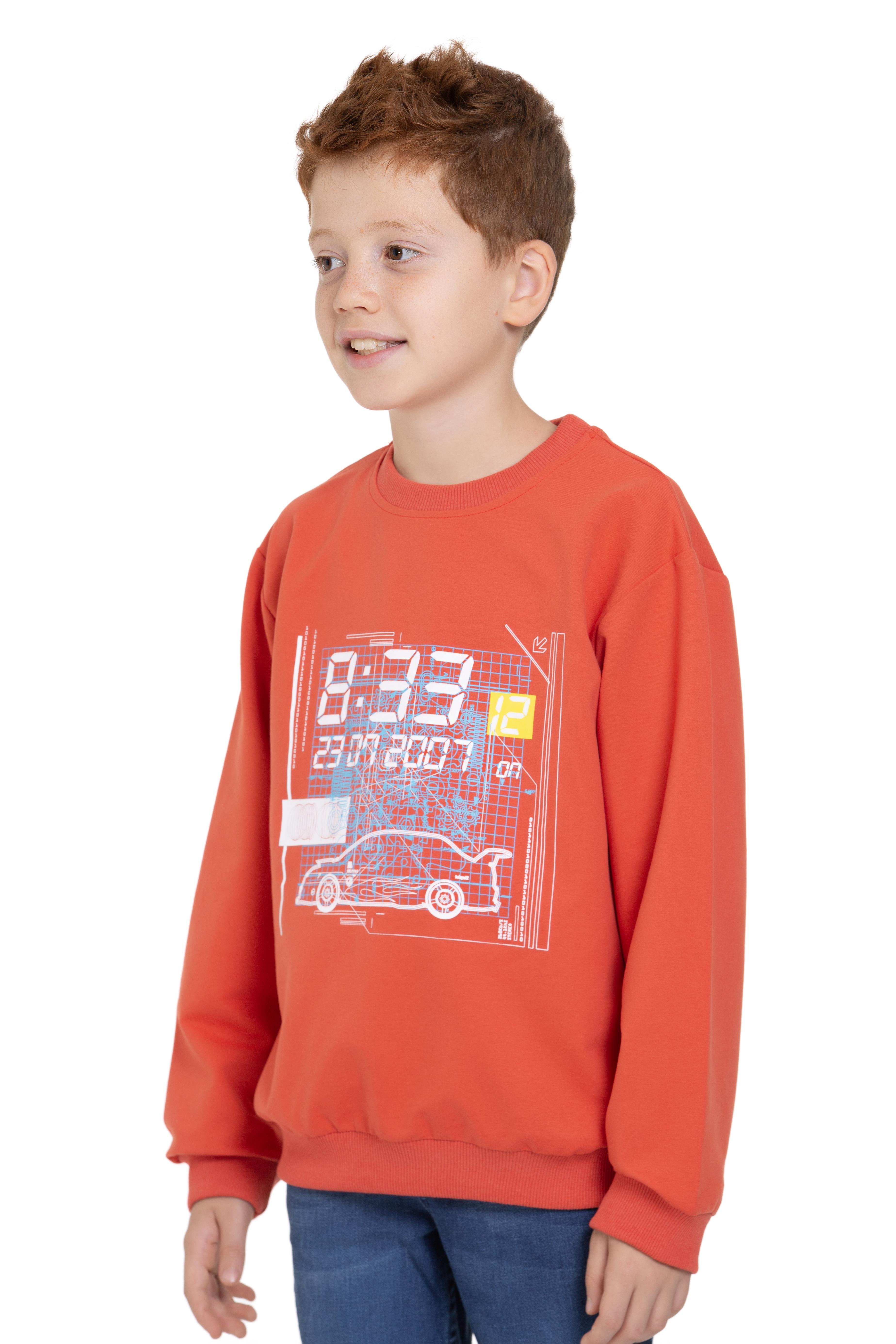 Bisiklet Yaka Araba Baskılı Kiremit Renk Erkek Çocuk Sweatshirt
