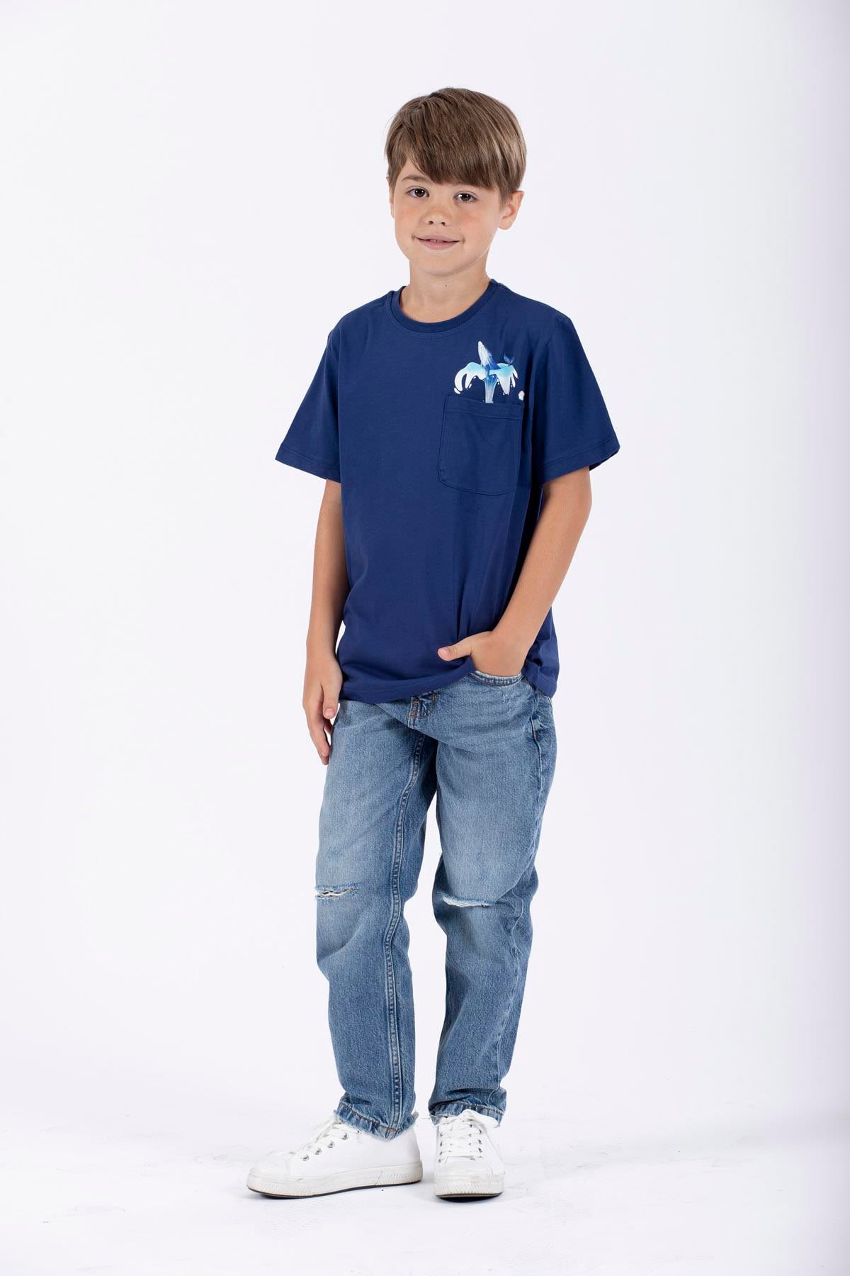 Bisiklet Yaka Kısa Kol Balına Baskılı Indigo Renk Erkek Çocuk Tshirt