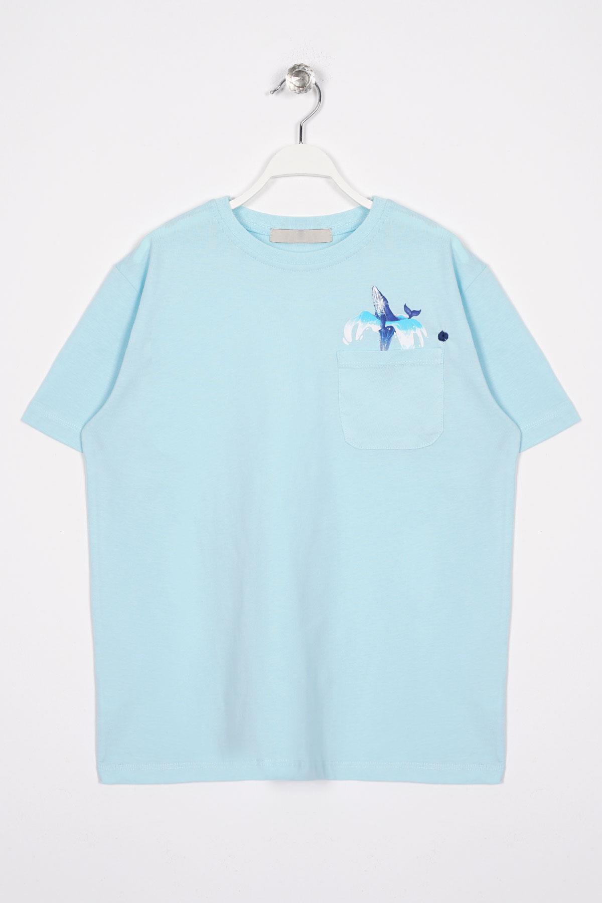 Bisiklet Yaka Kısa Kol Balına Baskılı Acik Mavi Renk Erkek Çocuk Tshirt