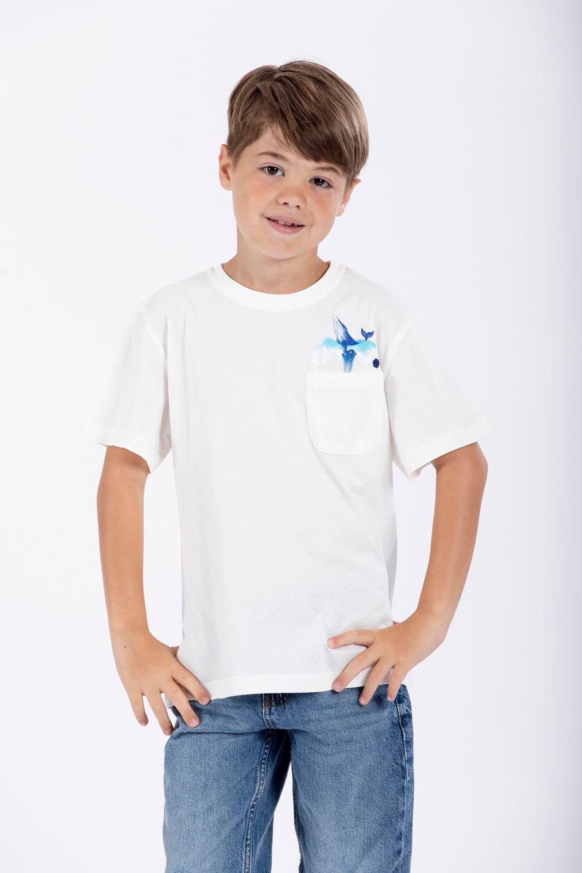 Bisiklet Yaka Kısa Kol Balına Baskılı Ekru Renk Erkek Çocuk Tshirt