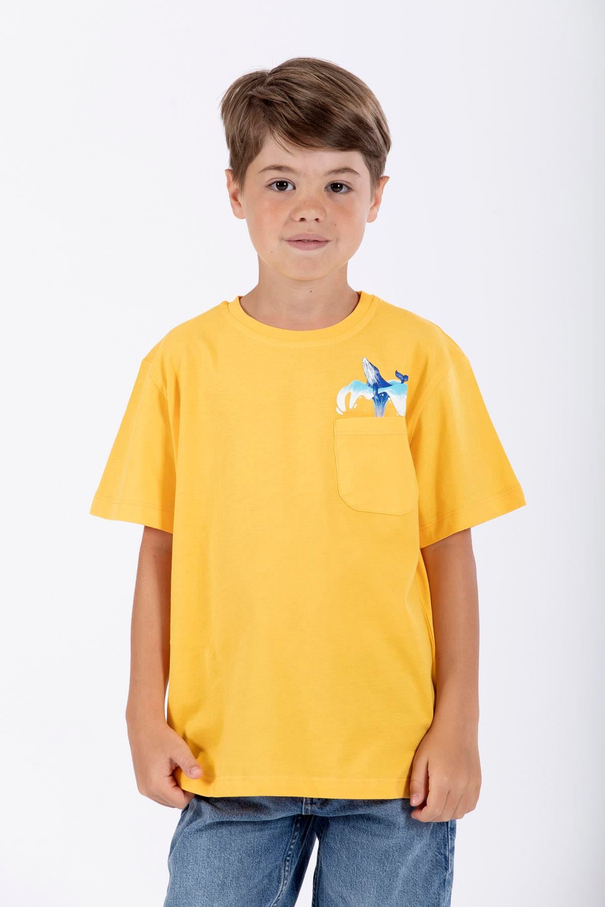 Bisiklet Yaka Kısa Kol Balına Baskılı Koyu Sari Renk Erkek Çocuk Tshirt