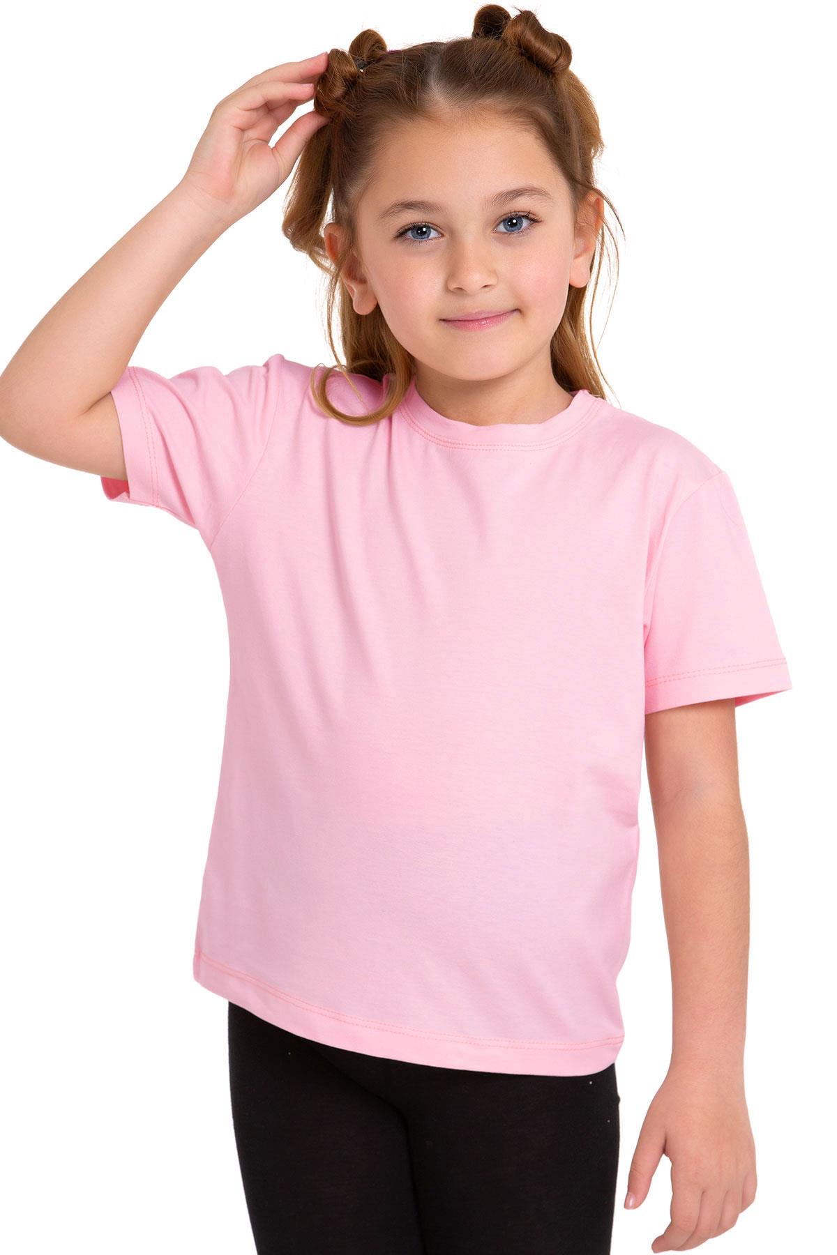 Bisiklet Yaka Kısa Kol Baskısız Pembe Renk Kız Çocuk Tshirt