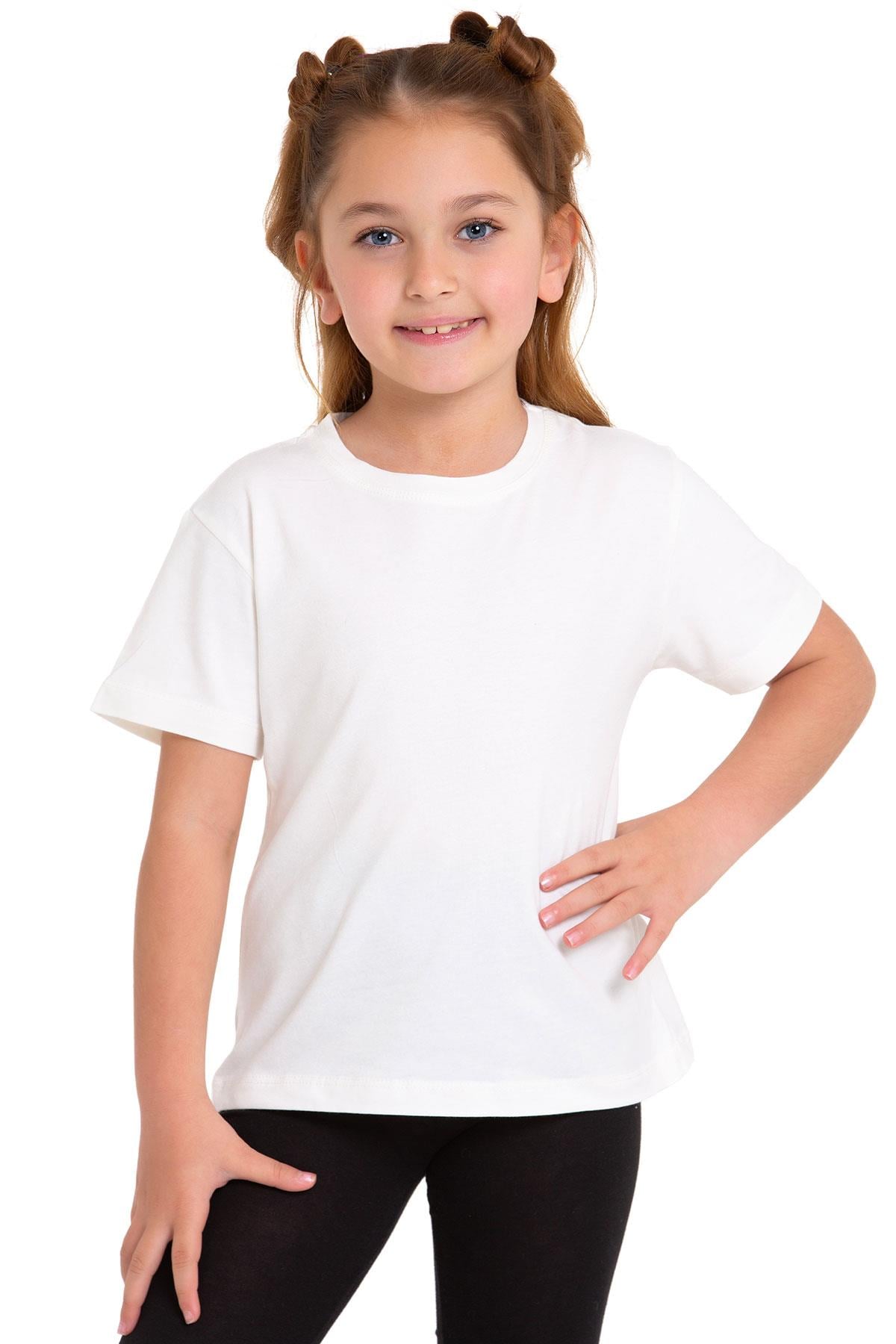 Bisiklet Yaka Kısa Kol Baskısız Ekru Renk Kız Çocuk Tshirt