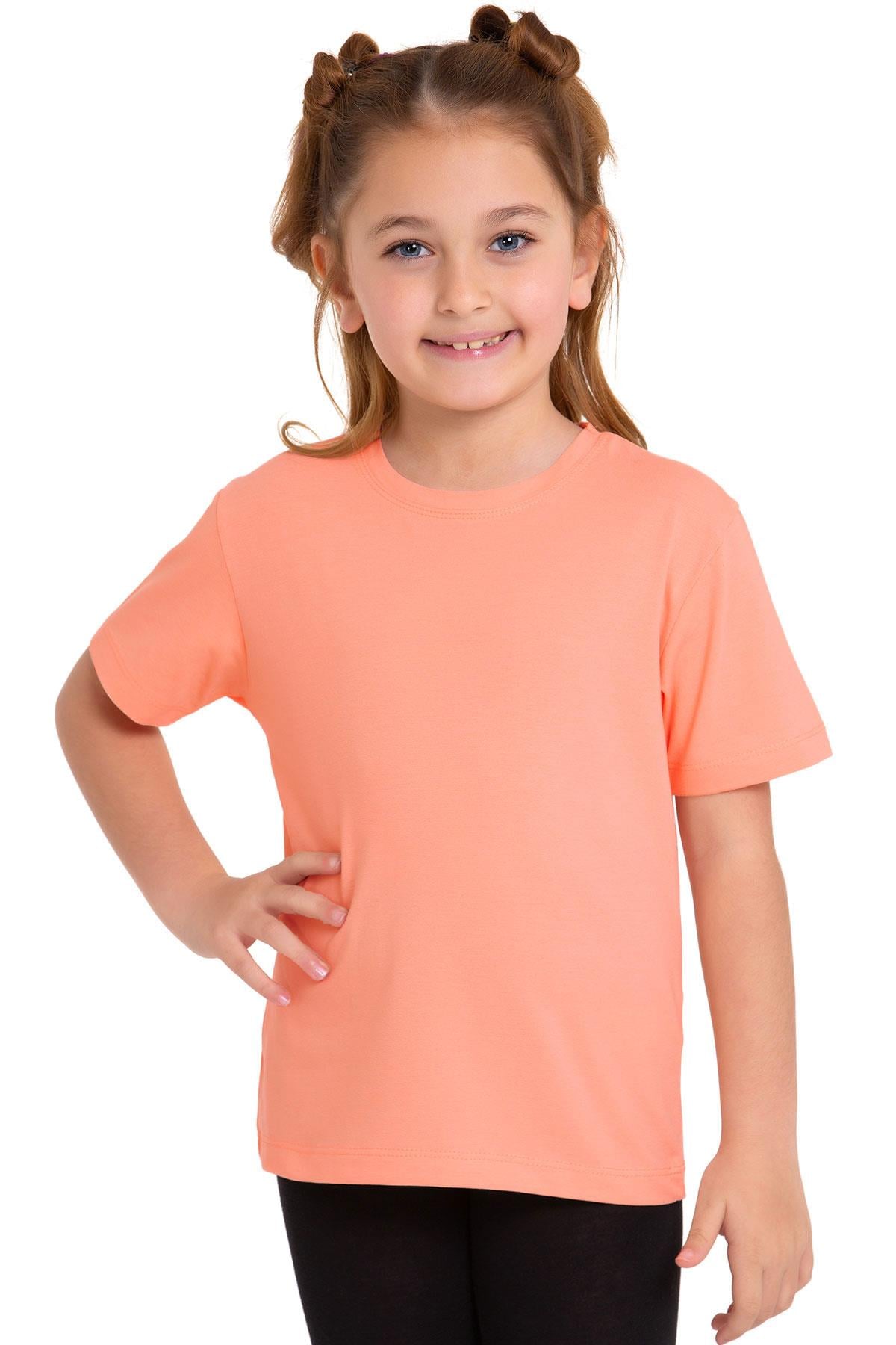 Bisiklet Yaka Kısa Kol Baskısız Somon Renk Kız Çocuk Tshirt