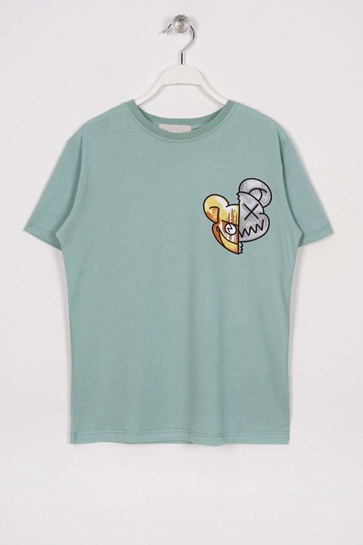 Bisiklet Yaka Kısa Kol Canavar Baskılı Cagla Yesil Renk Erkek Çocuk Tshirt