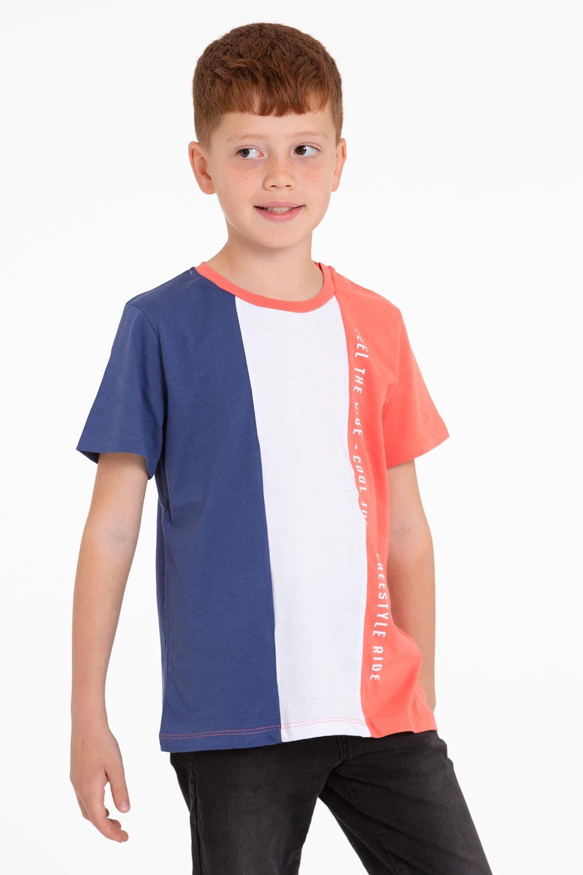 Bisiklet Yaka Kısa Kol Çift Renkli İndigo Renk Erkek Çocuk Tshirt