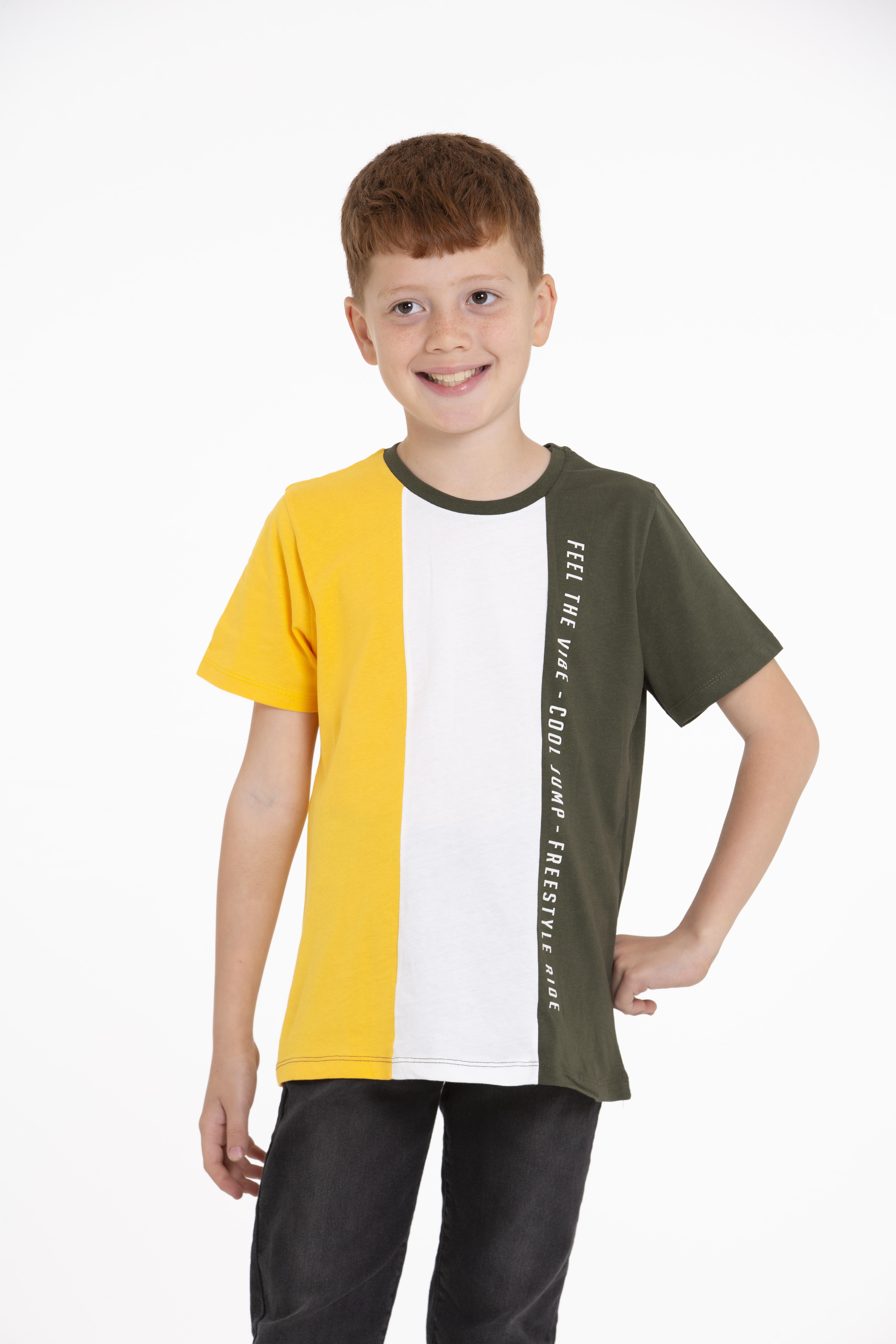 Bisiklet Yaka Kısa Kol Feel The Vıbe Baskılı Çift Renkli Haki Renk Erkek Çocuk Tshirt