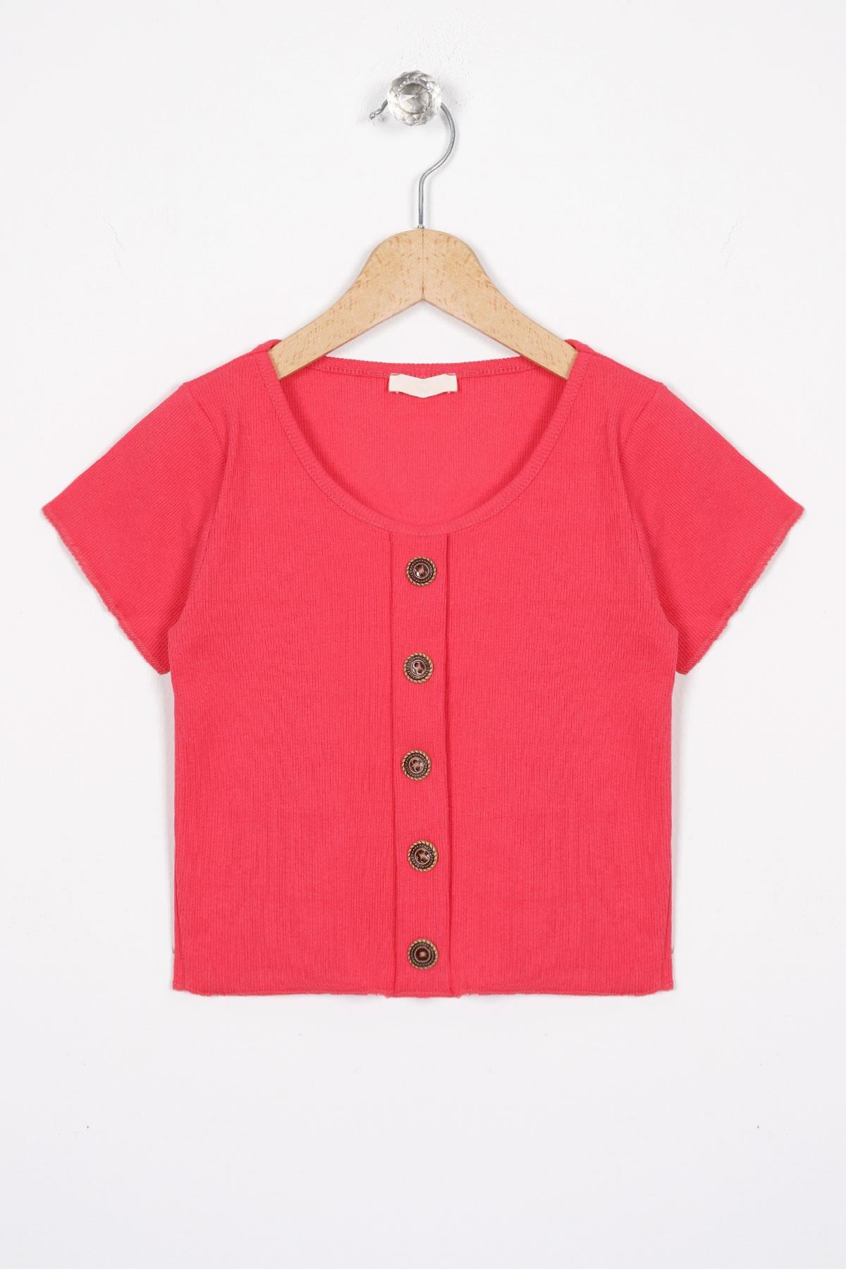 Bisiklet Yaka Kısa Kol Fitilli Pembe Renk Kız Çocuk Tshirt
