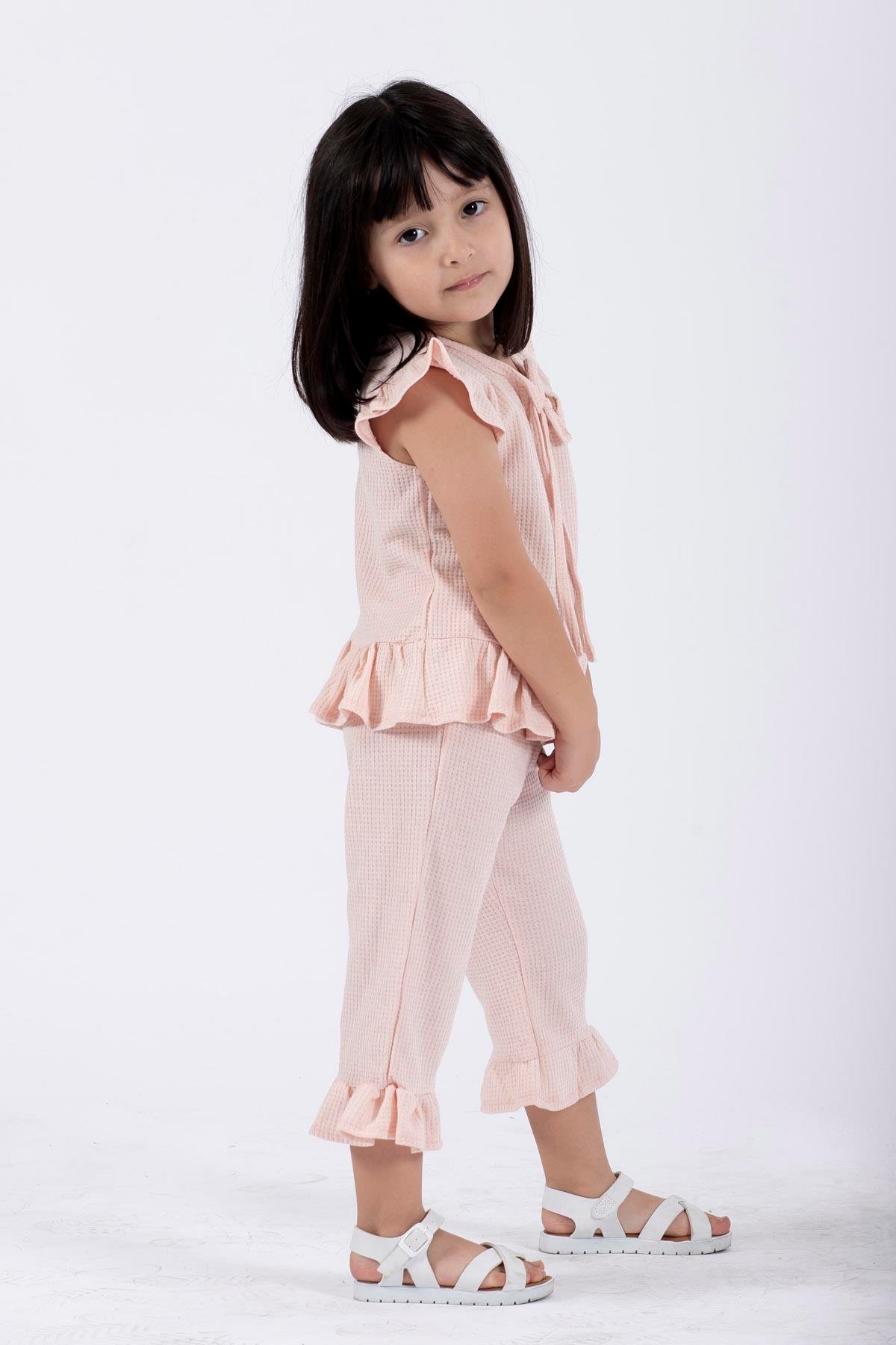 Bisiklet Yaka Kısa Kol Waffel Paca Fırfırlı Ikılı Takım Pudra Renk Kız Çocuk Ikılı Takım