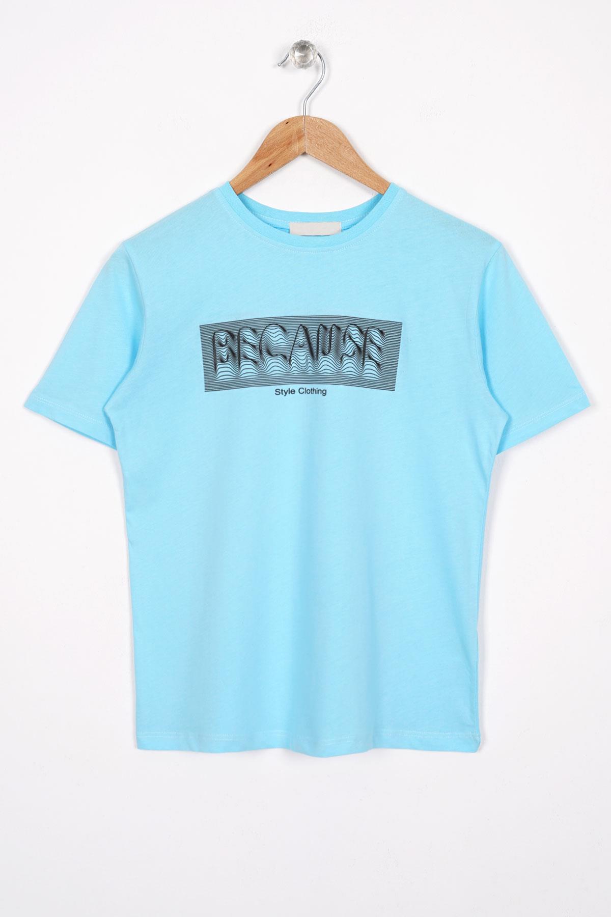 Bisiklet Yaka Kısa Kol Yazı Baskılı Acik Mavi Renk Erkek Çocuk Tshirt