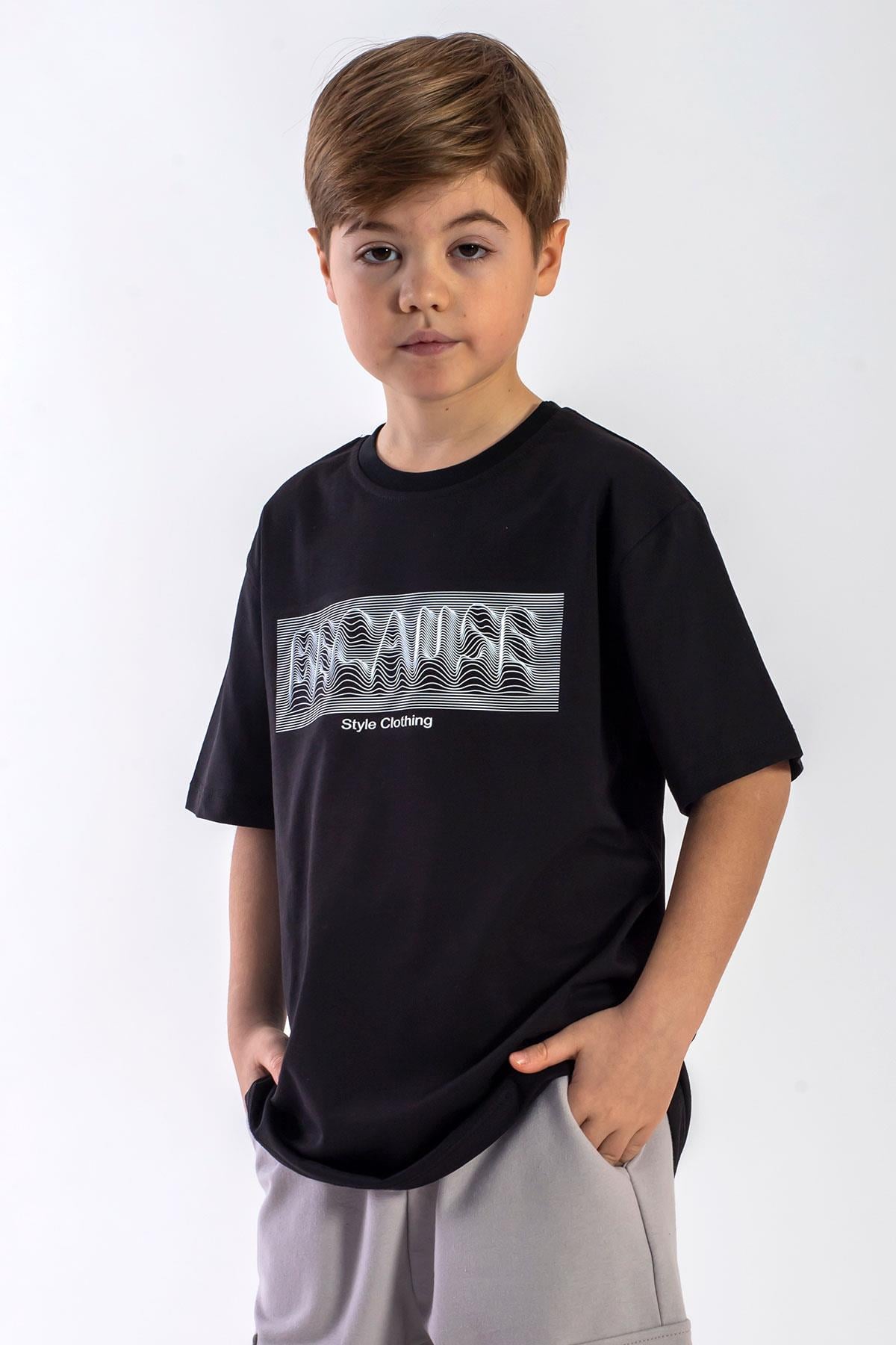 Bisiklet Yaka Kısa Kol Yazı Baskılı Siyah Renk Erkek Çocuk Tshirt