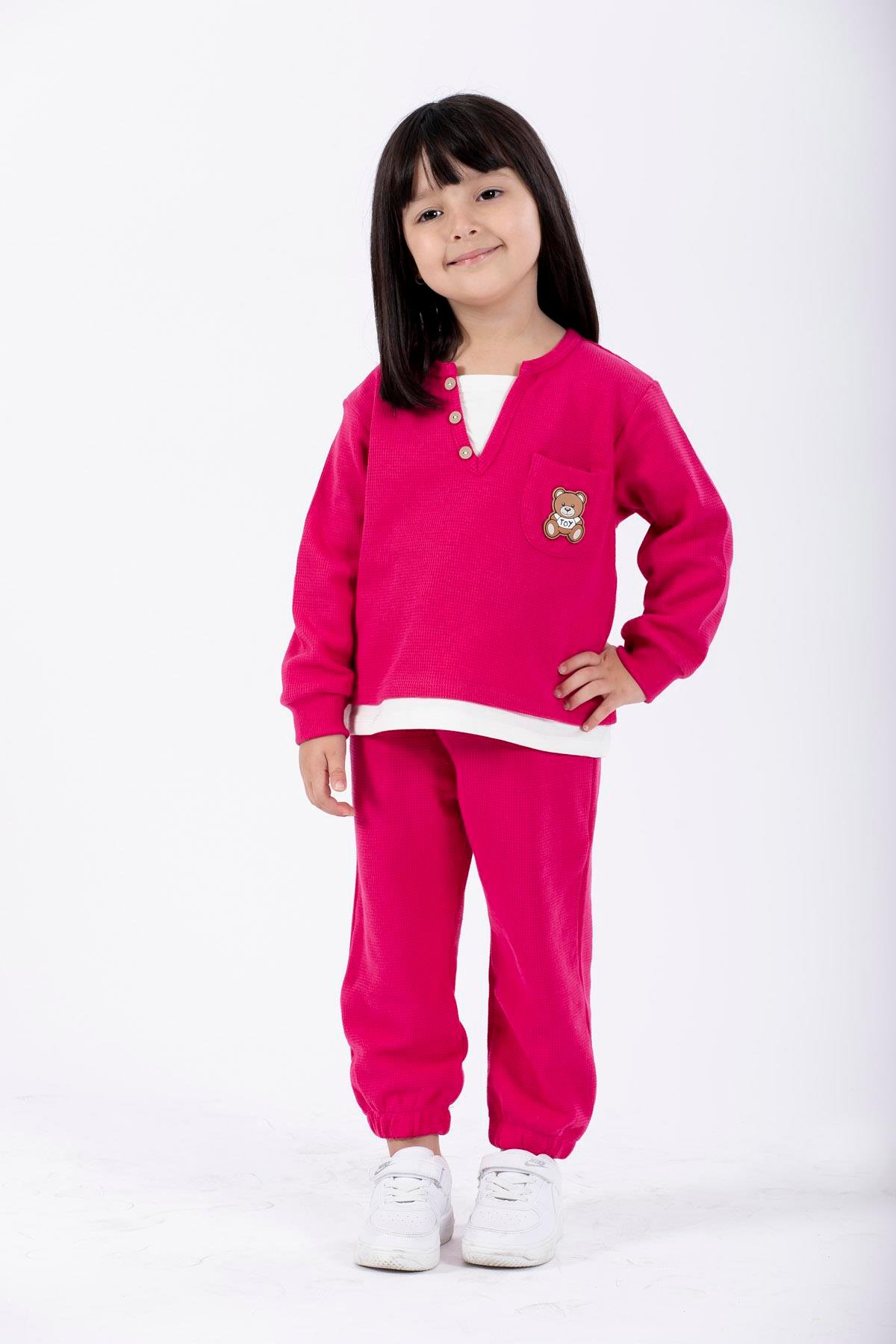 Bisiklet Yaka Uzun Kol Ayıcık Armalı Garnılı Bel Paca Lastikli Fuşya Renk Erkek Çocuk Esofman Takım