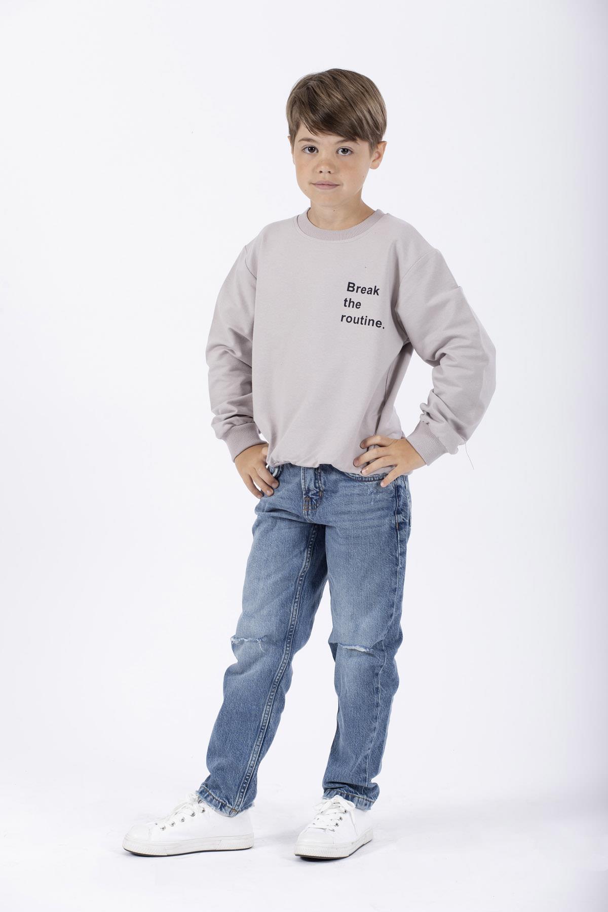 Bisiklet Yaka Uzun Kol Yazı Baskılı Taş Rengi Erkek Çocuk Sweatshirt